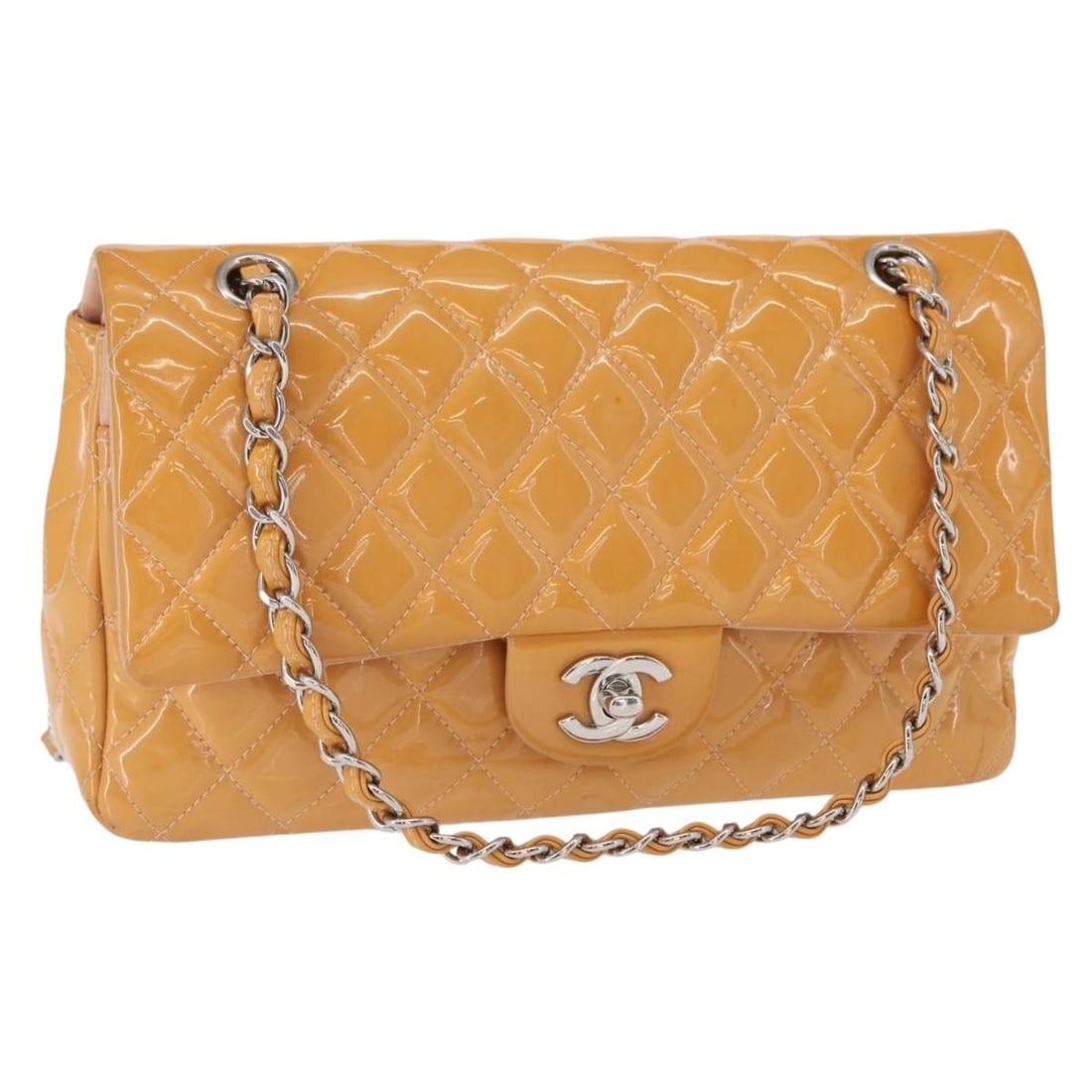 Yellow Patent Leather CHANEL Matelasse 25 Shoulder Bag with Silver CC: Yellow Patent Leather CHANEL Matelasse 25 Shoulder Bag with Silver CC This CHANEL Chain Matelasse 25 shoulder bag features a vibrant yellow patent leather exterior with silver-tone accents and a signa