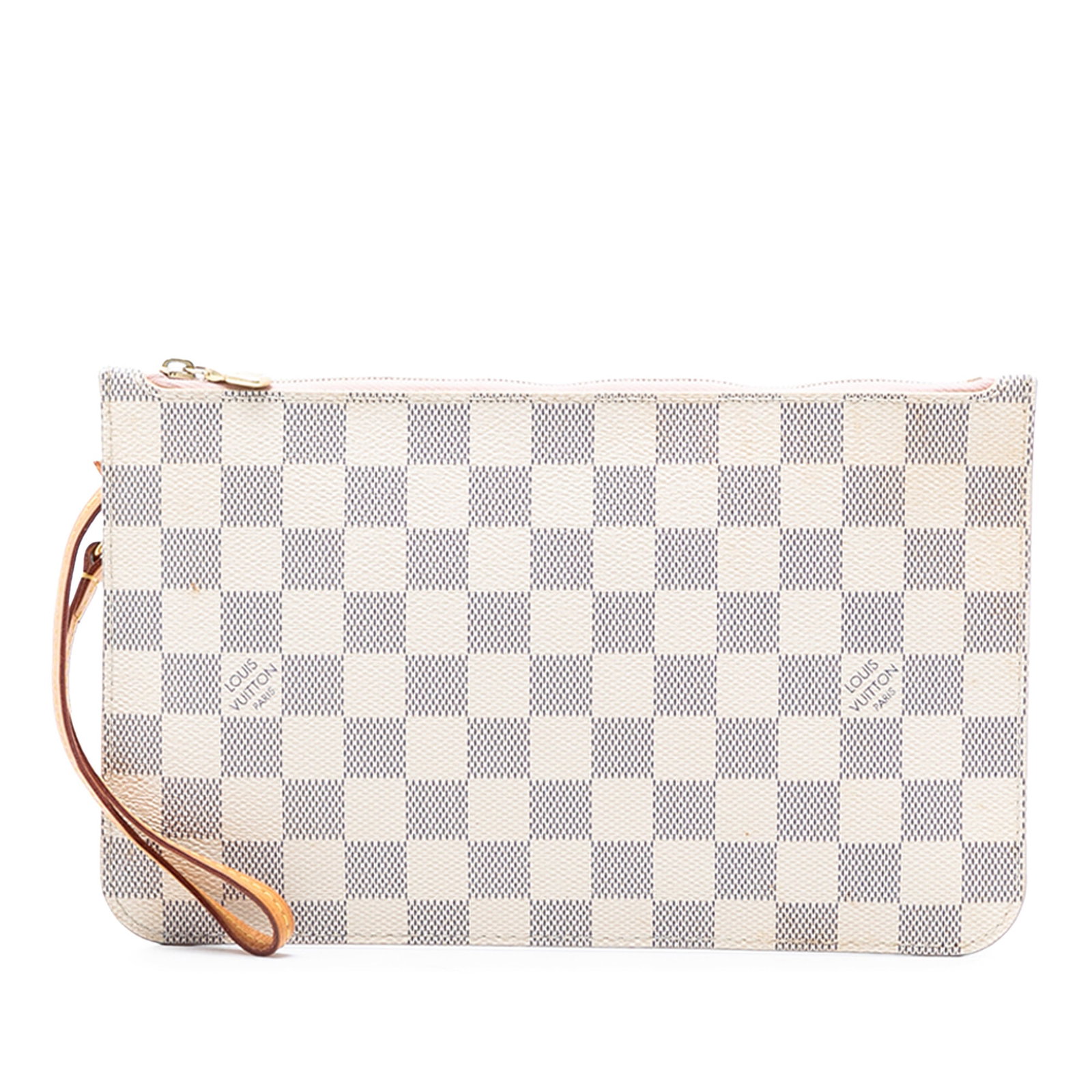 Louis Vuitton Neverfull MM Damier Azur Canvas Zip Pouch with Wrist Strap: Louis Vuitton Neverfull MM Damier Azur Canvas Zip Pouch with Wrist Strap This Louis Vuitton Damier Azur Neverfull MM pouch features the signature Damier Azur canvas body, complemented by a flat vachet