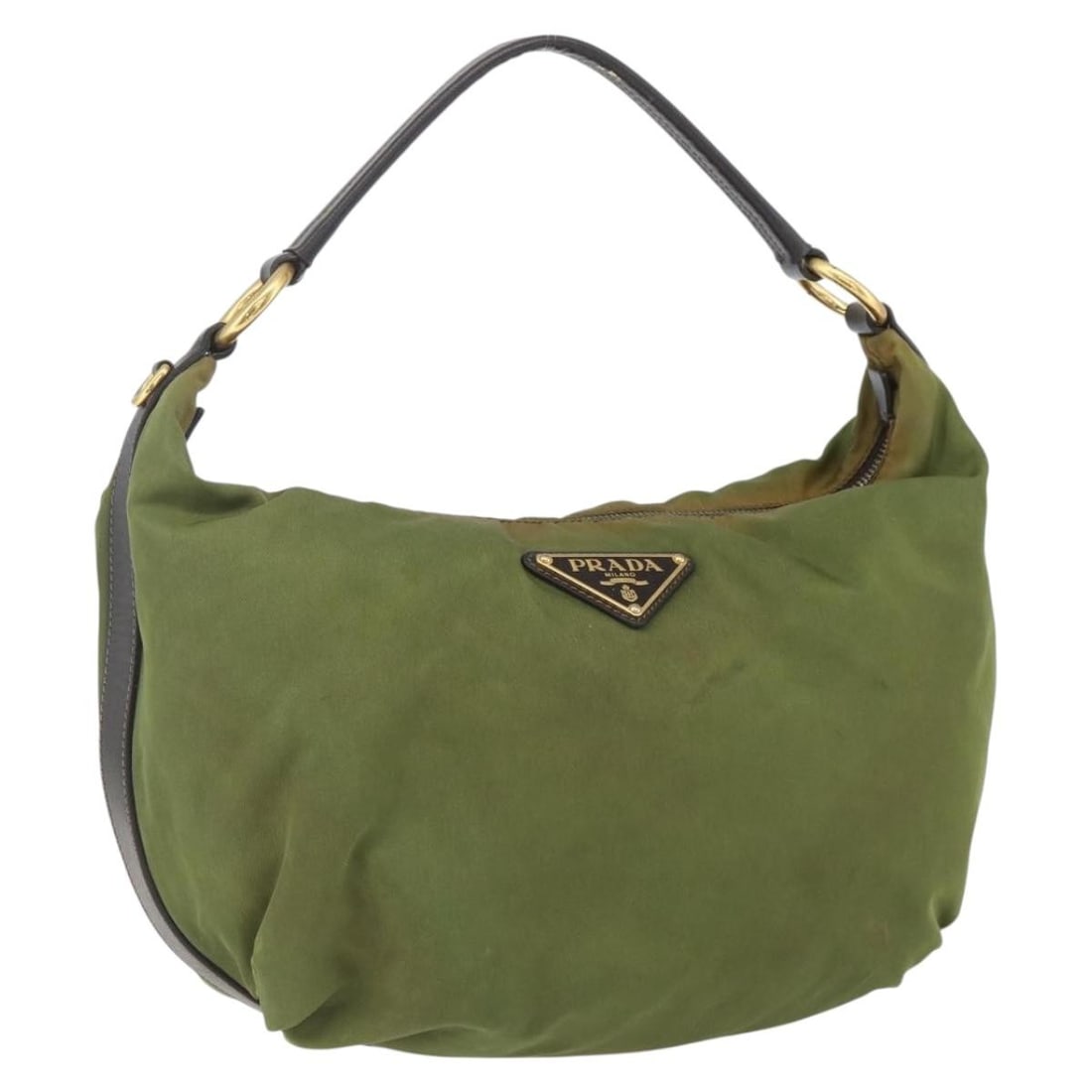 Khaki Gold Nylon and Leather PRADA Shoulder Bag for Women: Khaki Gold Nylon and Leather PRADA Shoulder Bag for Women This PRADA shoulder bag features a khaki nylon exterior with gold-tone accents and leather trim. Designed for women, it offers a spacious inte