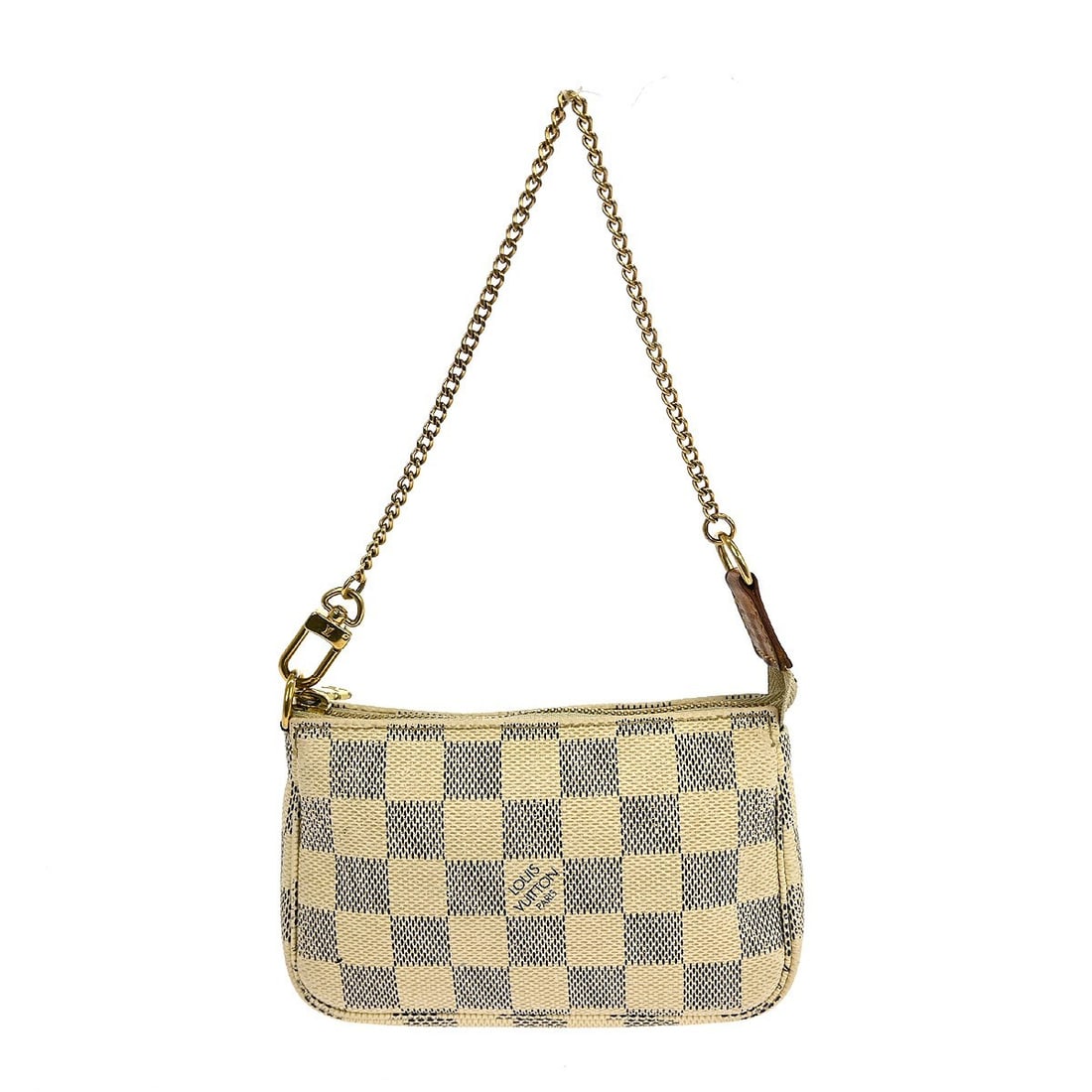 Louis Vuitton Mini Pochette Accessoires Damier Azur Canvas Handbag with Chain Strap: Louis Vuitton Mini Pochette Accessoires Damier Azur Canvas Handbag with Chain Strap This is a Louis Vuitton Mini Pochette Accessoires handbag in the Damier Azur pattern. Designed for women, it feature