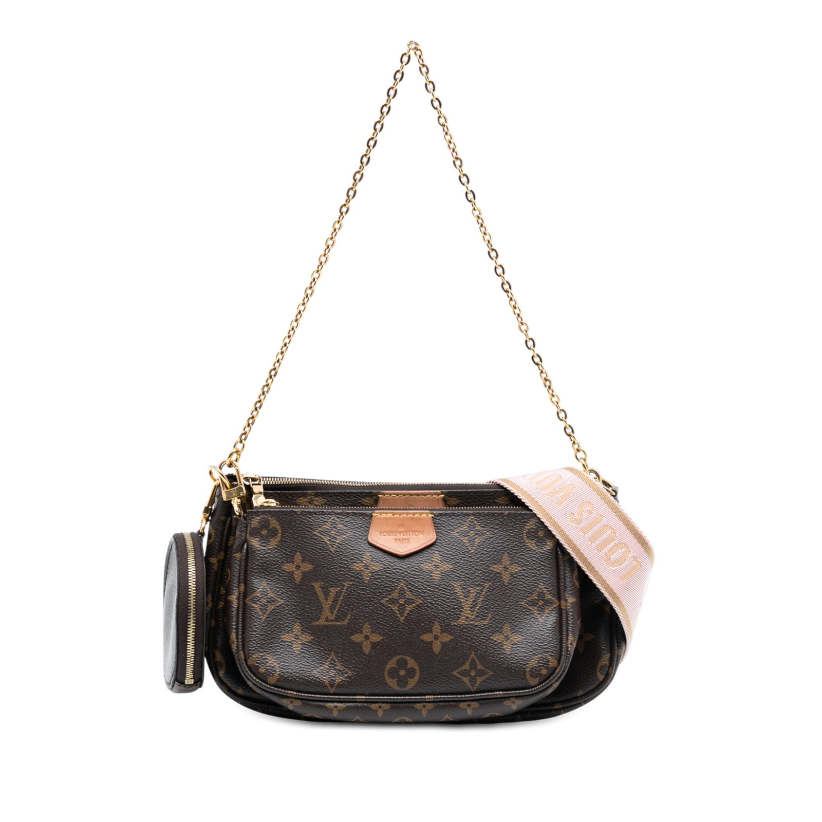 Louis Vuitton Multi Pochette Bag with Removable Coin Pouch and Mini Pochette: Louis Vuitton Multi Pochette Bag with Removable Coin Pouch and Mini Pochette This Louis Vuitton Monogram Multi Pochette Accessoires features a brown monogram canvas body and includes a detachable chai