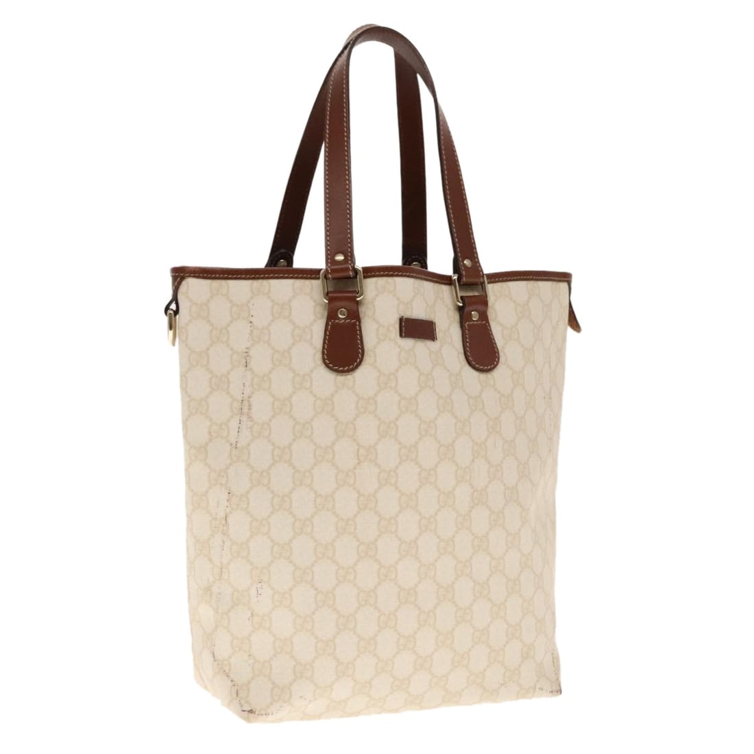 Gucci GG Supreme Gold and White PVC Leather Tote Bag 189896: Gucci GG Supreme Gold and White PVC Leather Tote Bag 189896 This GUCCI GG Supreme tote bag features a durable PVC leather and GG canvas exterior in a gold and white color combination. Designed for wom