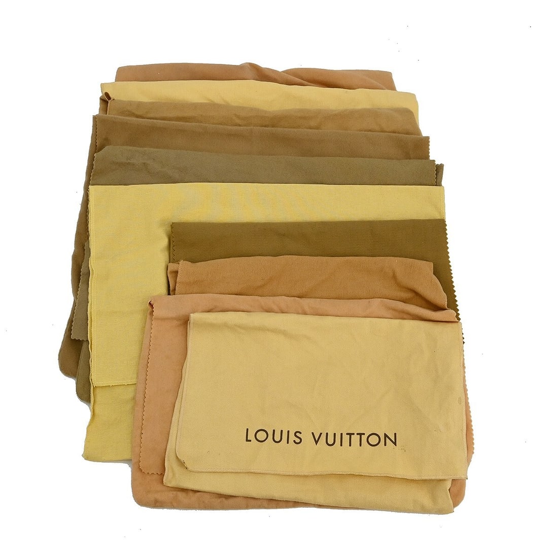 Set of 10 Louis Vuitton Brown Beige Cotton Dustbags Authentic: Set of 10 Louis Vuitton Brown Beige Cotton Dustbags Authentic This set includes ten authentic Louis Vuitton dust bags made from 100% cotton in brown and beige tones. Designed for unisex use, these dus