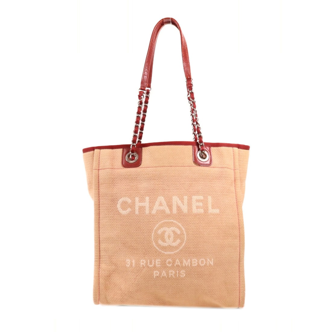 CHANEL Deauville Tote Bag Canvas Pink Red SHW 66940: CHANEL Deauville Tote Bag Canvas Pink Red SHW 66940 This exquisite CHANEL Deauville Tote Shoulder Bag is a stunning blend of functionality and style. Crafted from durable canvas, this bag features a v