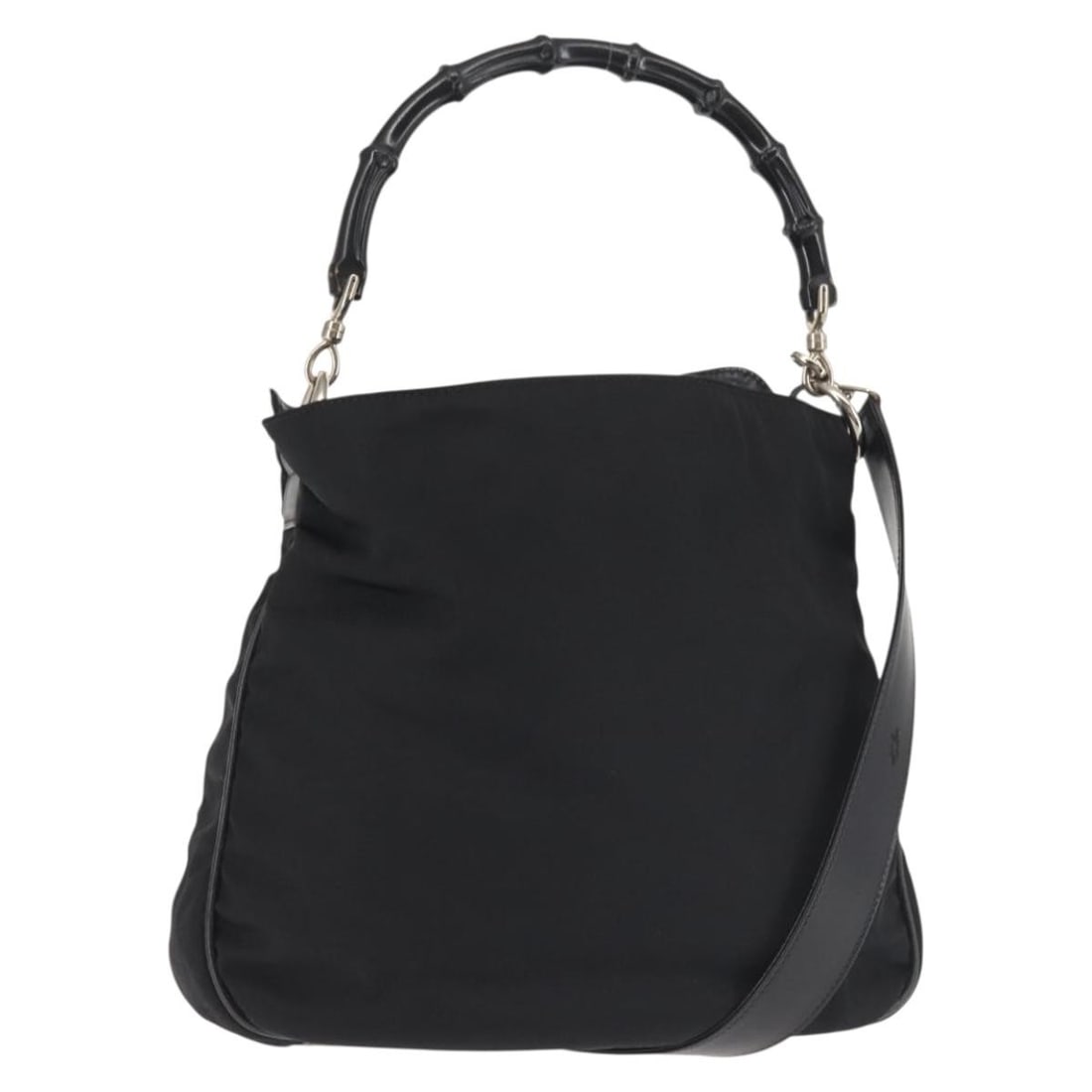 GUCCI Bamboo Hand Bag Black Silver Canvas 001 1638 1705 Authentic: GUCCI Bamboo Hand Bag Black Silver Canvas 001 1638 1705 Authentic This exquisite GUCCI Bamboo Hand Bag is crafted from durable black canvas with silver accents, showcasing the brand's signature style.