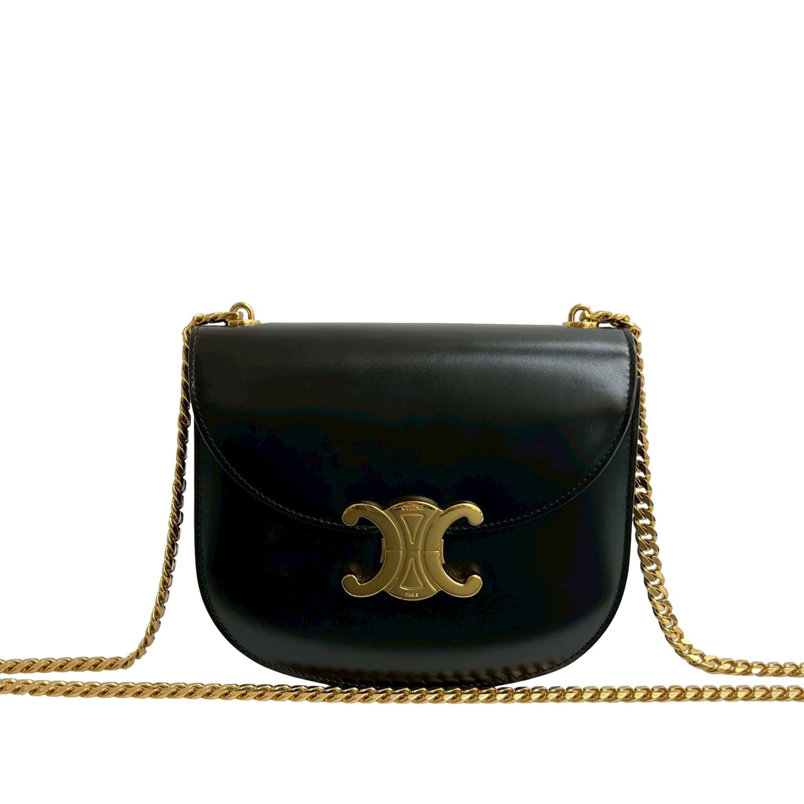 Celine Triomphe Teen Calfskin Leather Chain Strap Crossbody Bag: Celine Triomphe Teen Calfskin Leather Chain Strap Crossbody Bag This Celine Teen Shiny Calfskin Triomphe Besace Clea Chain Crossbody features a black calfskin leather body, a chain link strap, a flap 