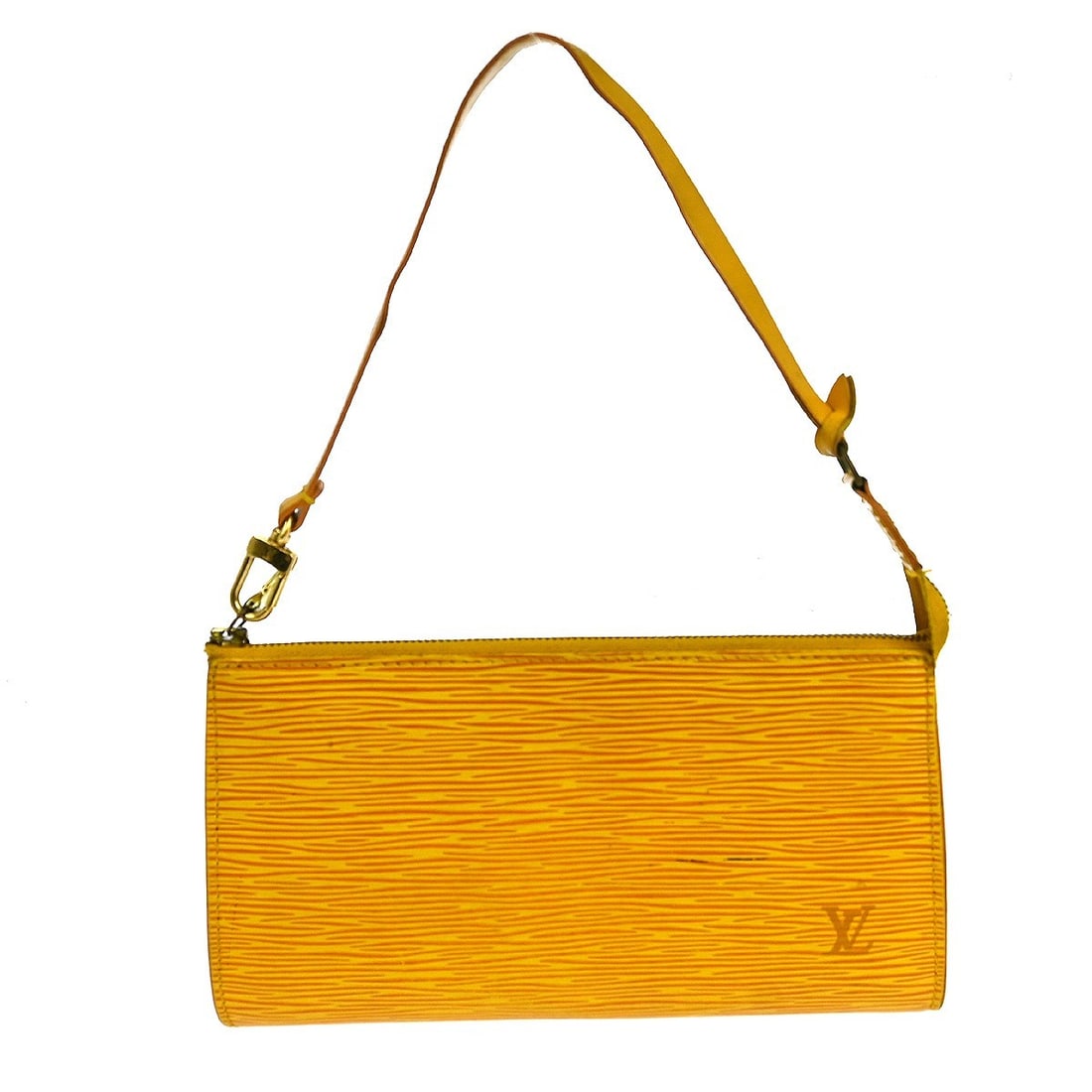 Louis Vuitton Pochette Accessoires 21 Yellow Epi Leather Clutch with Detachable Strap: Louis Vuitton Pochette Accessoires 21 Yellow Epi Leather Clutch with Detachable Strap This vintage Louis Vuitton Pochette Accessoires 21 handbag is crafted from striking Yellow Epi leather, showcasing