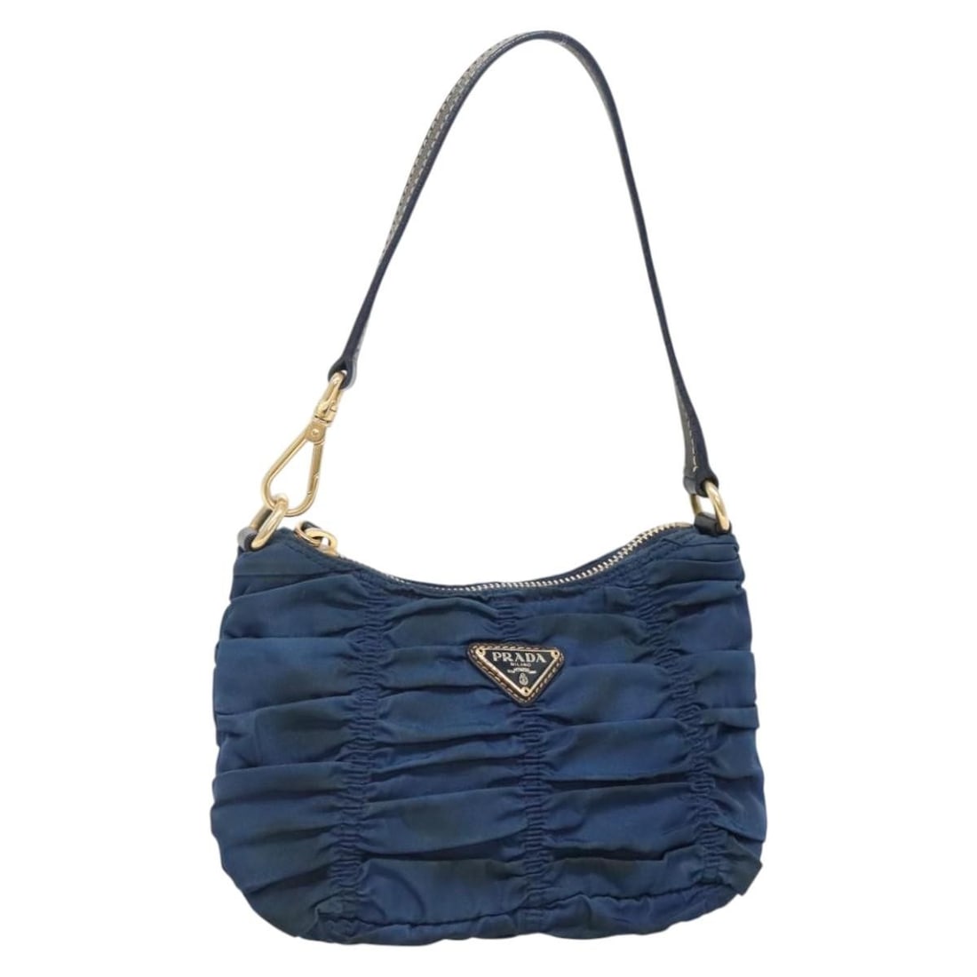 PRADA Nylon Accessory Pouch Blue Gold Made in Italy: PRADA Nylon Accessory Pouch Blue Gold Made in Italy This PRADA accessory pouch is crafted from durable nylon in a striking blue and gold color combination. Its compact design makes it a stylish yet fu