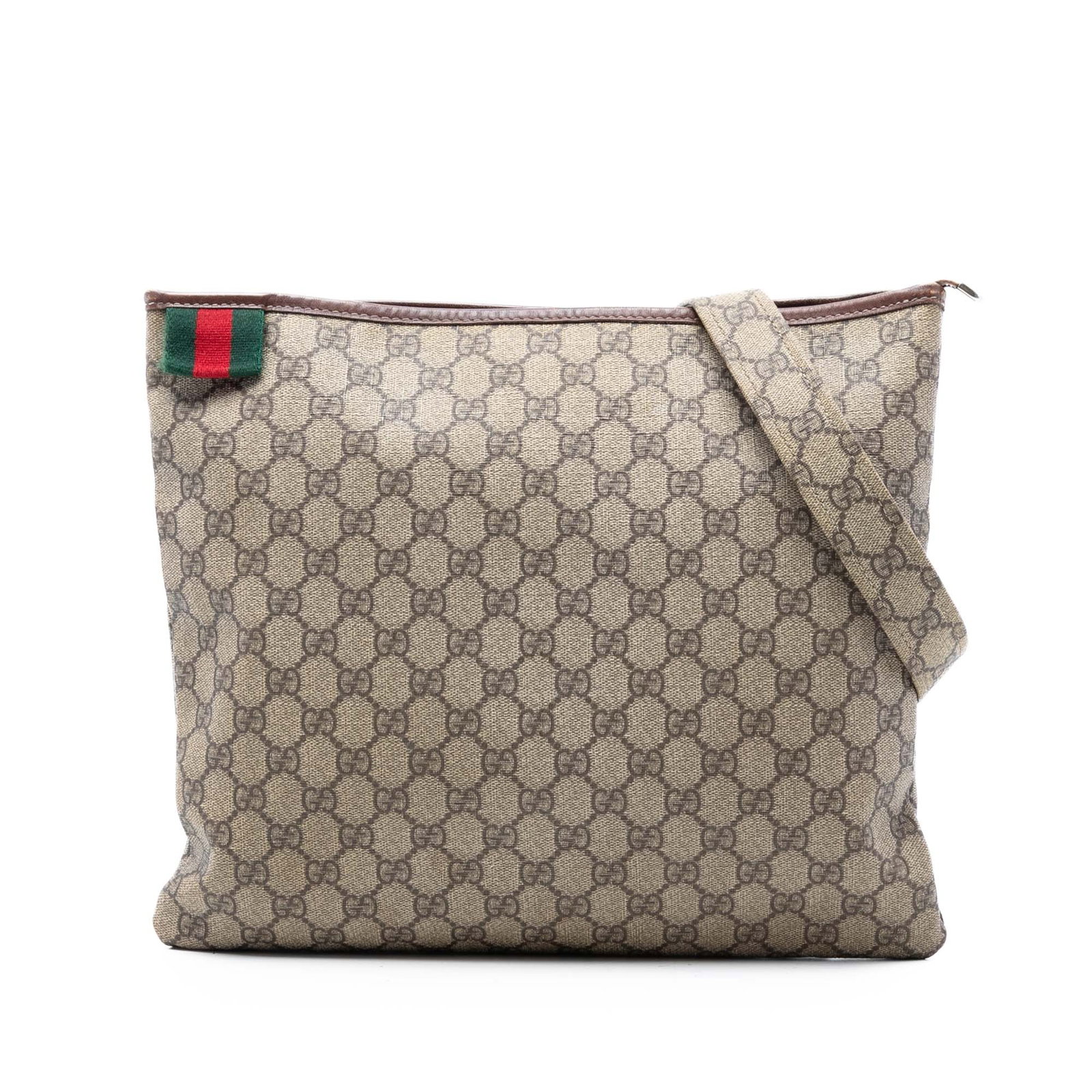 Gucci GG Supreme Web Beige Canvas Crossbody Bag with Adjustable Strap: Gucci GG Supreme Web Beige Canvas Crossbody Bag with Adjustable Strap This Gucci GG Supreme Web Crossbody features a coated canvas body with leather details, an adjustable flat strap, a top zip closur