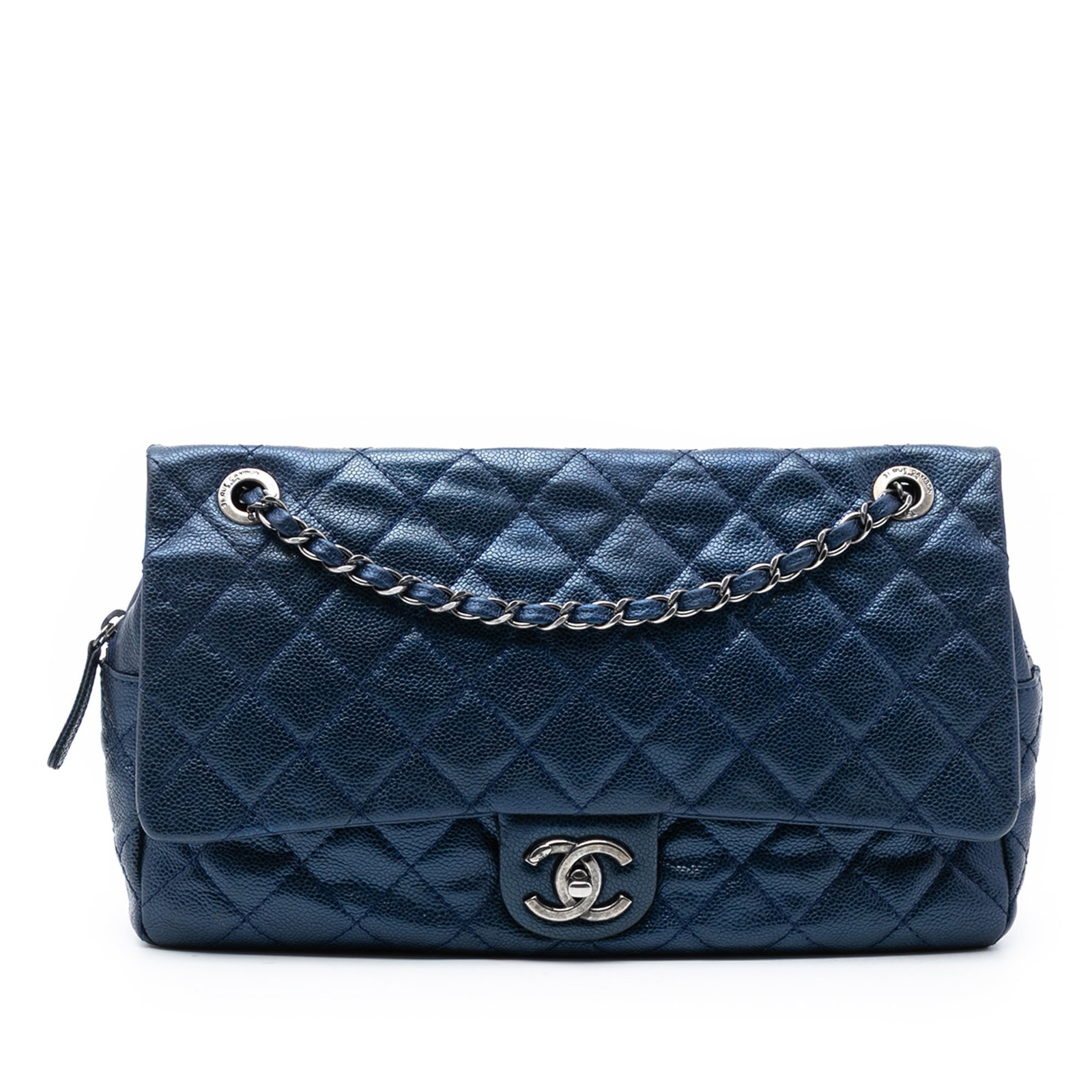 Chanel Easy Flap Jumbo Blue Iridescent Quilted Caviar Leather Shoulder Bag: Chanel Easy Flap Jumbo Blue Iridescent Quilted Caviar Leather Shoulder Bag This Chanel Jumbo Quilted Iridescent Caviar Easy Flap showcases an iridescent quilted caviar leather exterior in blue with a 