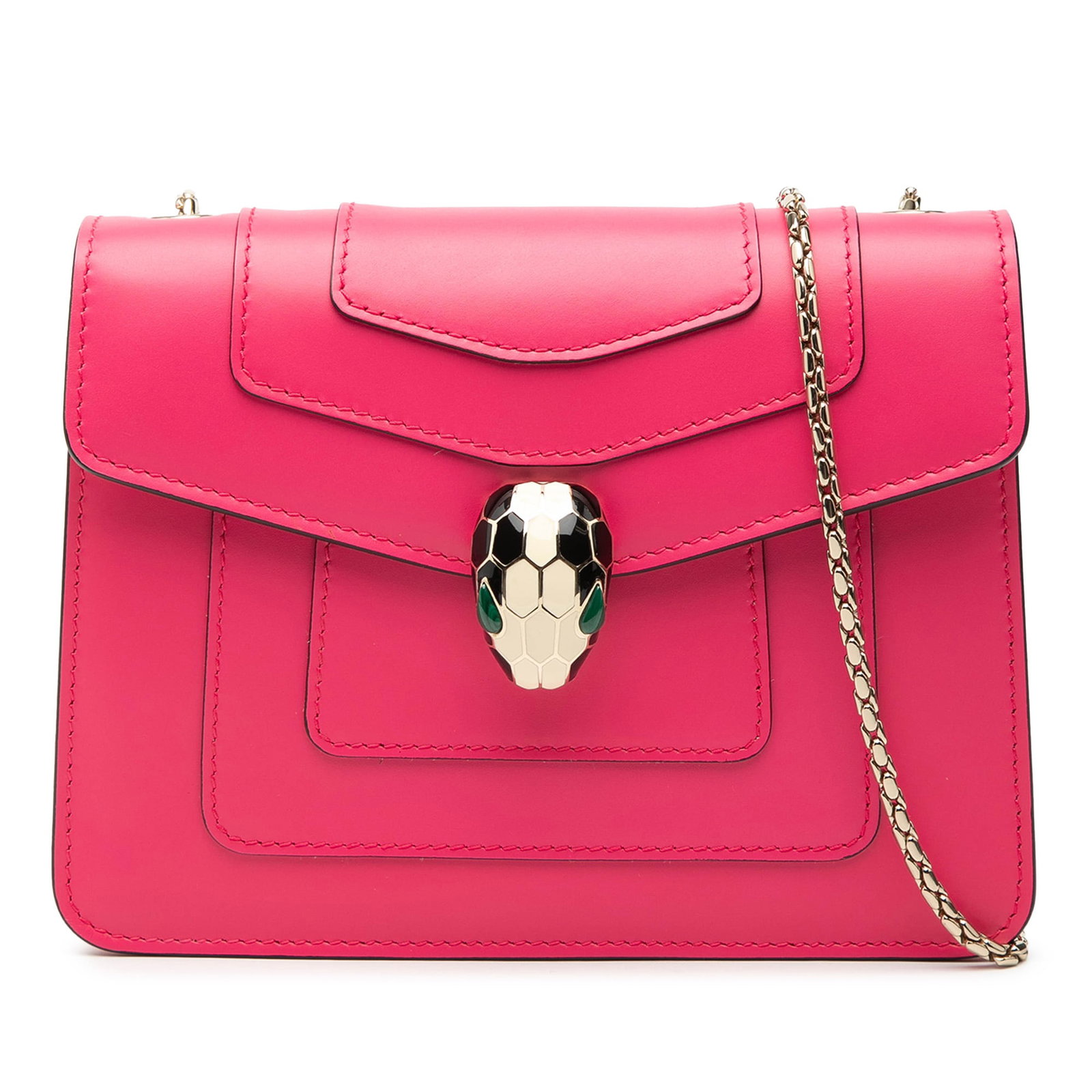 Pink Serpenti Forever Leather Wallet on Chain with Silver Strap: Pink Serpenti Forever Leather Wallet on Chain with Silver Strap This Bvlgari Serpenti Forever small square crossbody features a pink leather exterior, adorned with a signature serpenti embellishment o