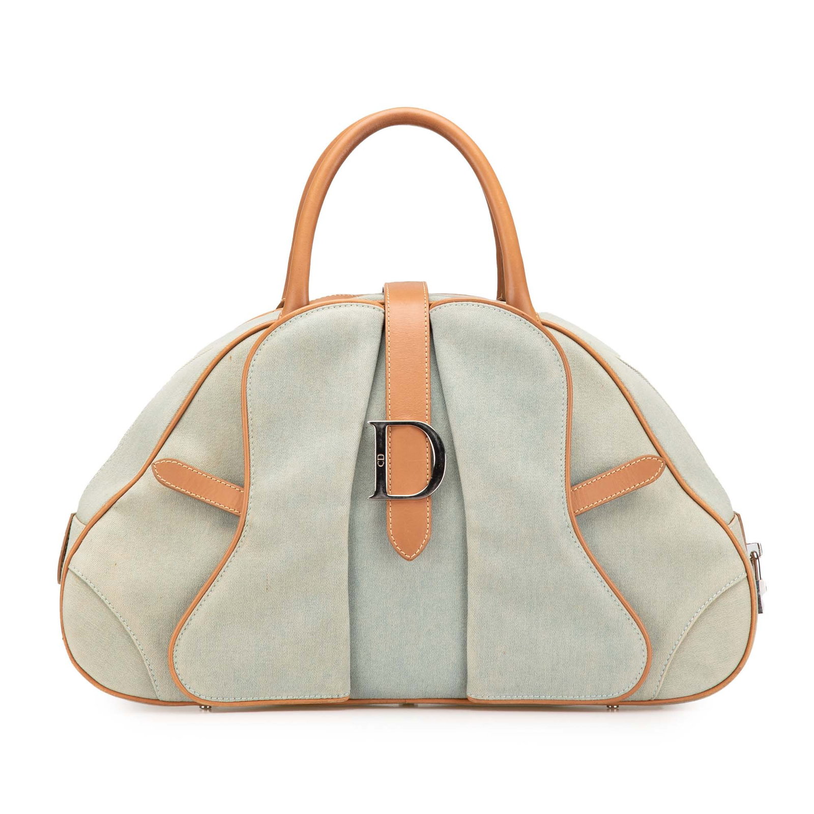Blue Denim Bowler Handbag with Double Saddle Design and Leather Handles (1 of 12)