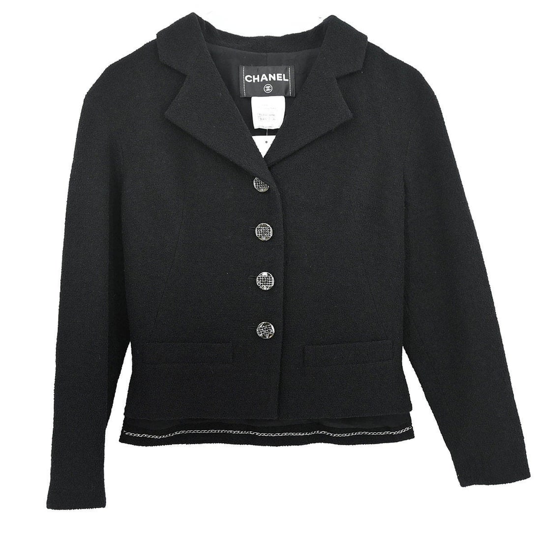 Chanel Black Wool Blend Single Breasted Mid-Length Jacket Size 36: Chanel Black Wool Blend Single Breasted Mid-Length Jacket Size 36 This Chanel single-breasted jacket features a collared design and mid-length silhouette, crafted from a luxurious blend of wool, nylon