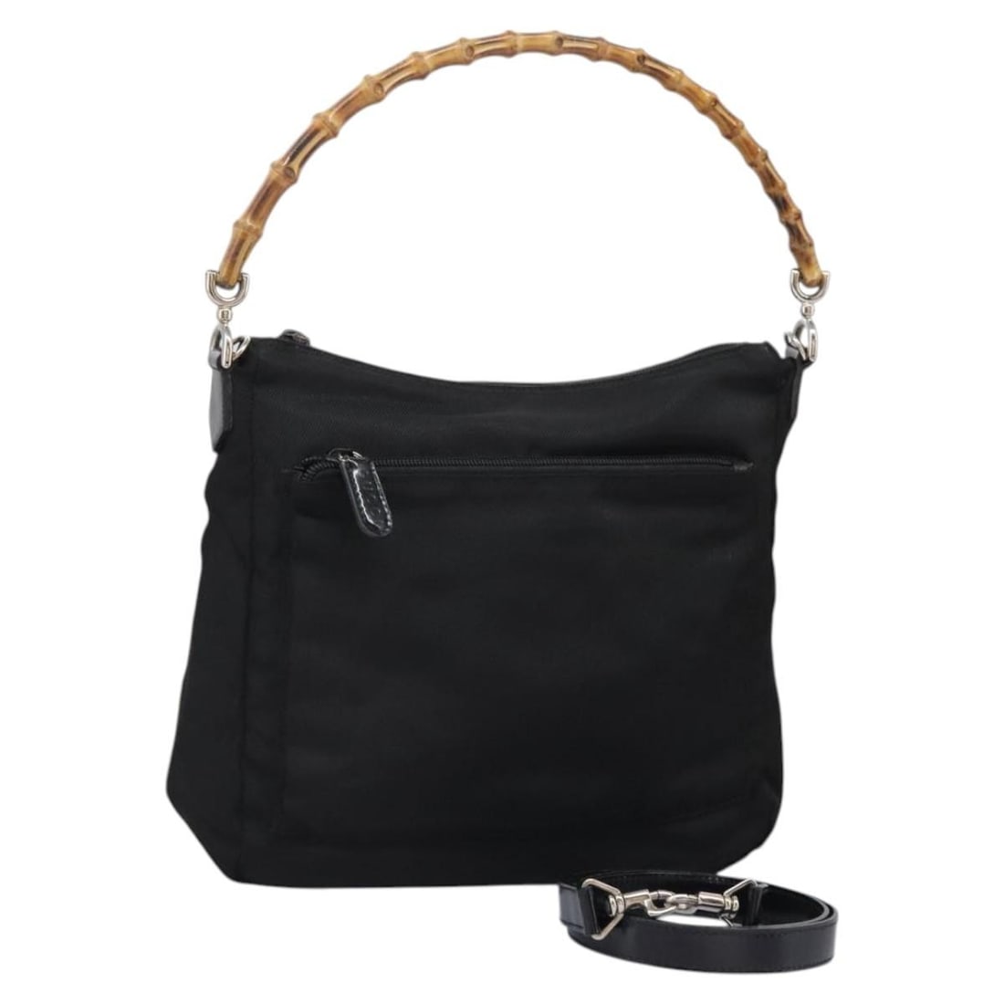 Gucci Bamboo Black Nylon Two Way Handbag With Silver Tone Hardware: Gucci Bamboo Black Nylon Two Way Handbag With Silver Tone Hardware This is a Gucci Bamboo 2-way handbag crafted from black nylon with silver-tone accents. Designed for women, it features a versatile s