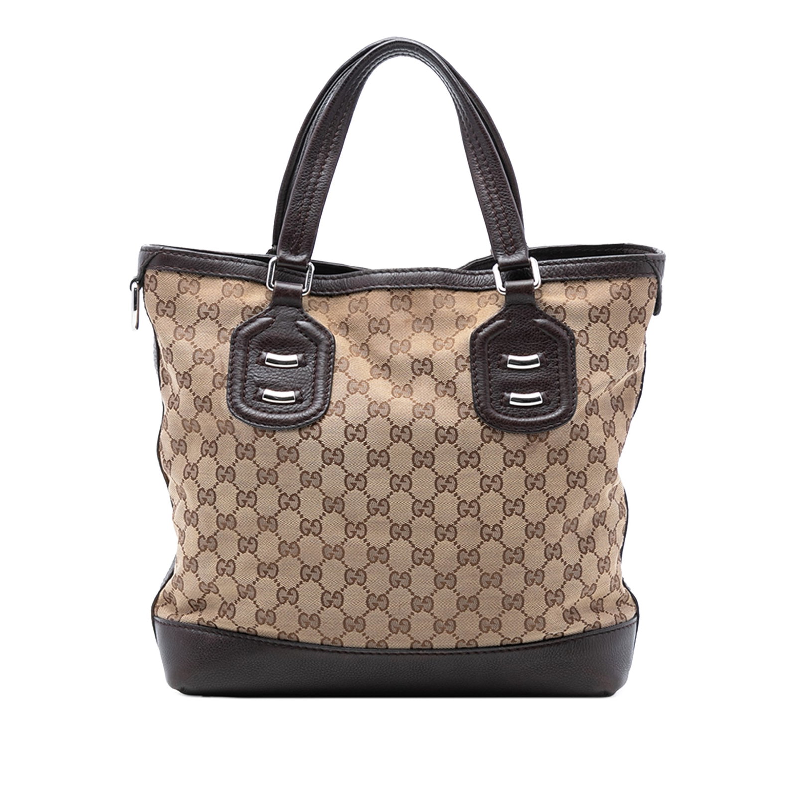Gucci Beige GG Canvas Tote with Leather Trim and Techno Tag: Gucci Beige GG Canvas Tote with Leather Trim and Techno Tag This Gucci GG Canvas Techno Tag Tote features a beige canvas body with leather trim, flat leather straps, an open top with magnetic snap clo