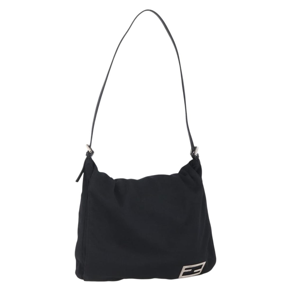Fendi Black Nylon Shoulder Purse with Silver Tone Accents Italy: Fendi Black Nylon Shoulder Purse with Silver Tone Accents Italy This Fendi shoulder bag features a sleek black nylon exterior with silver-tone accents. Designed for women, it offers a practical and st