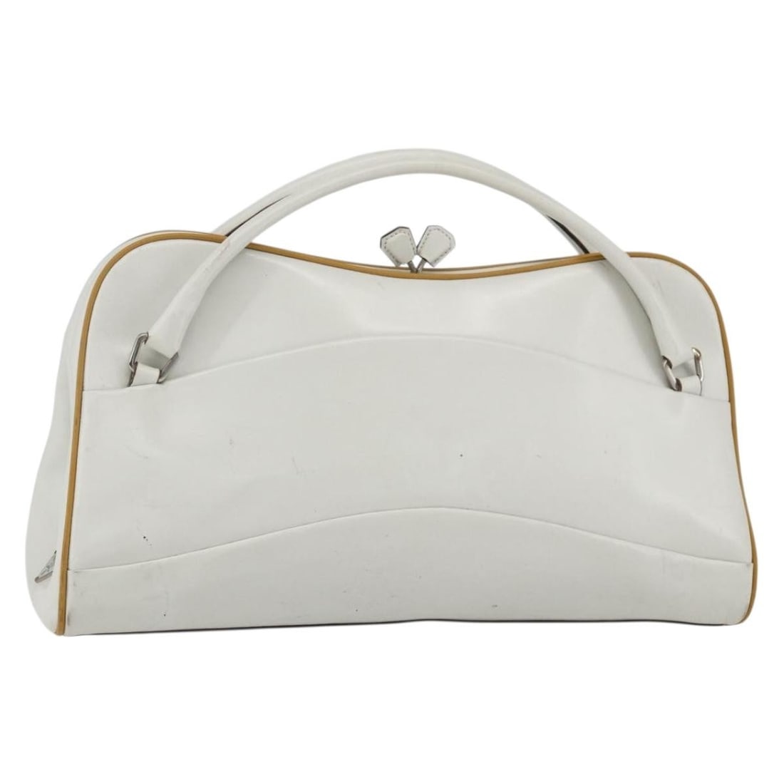 White and Silver Leather Handbag by Prada with Guarantee Card: White and Silver Leather Handbag by Prada with Guarantee Card This PRADA handbag features a white and silver leather exterior, combining both style and elegance. Crafted in Italy, it offers a compact 