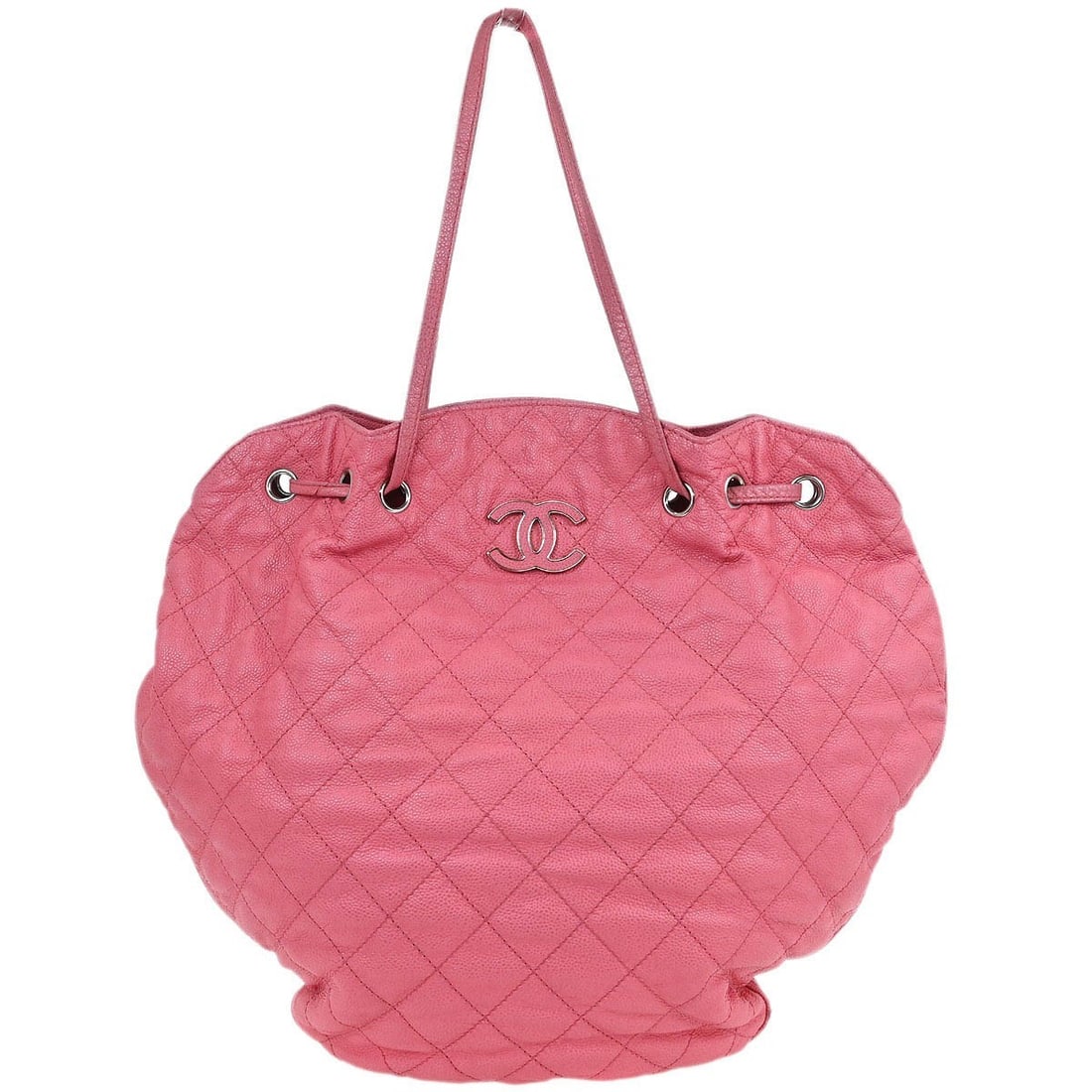 Chanel Large Pink Leather Drawstring Tote Bag with Double Handles: Chanel Large Pink Leather Drawstring Tote Bag with Double Handles This Chanel tote handbag is crafted from pink calfskin leather and features a drawstring closure. Designed in a large size, it include