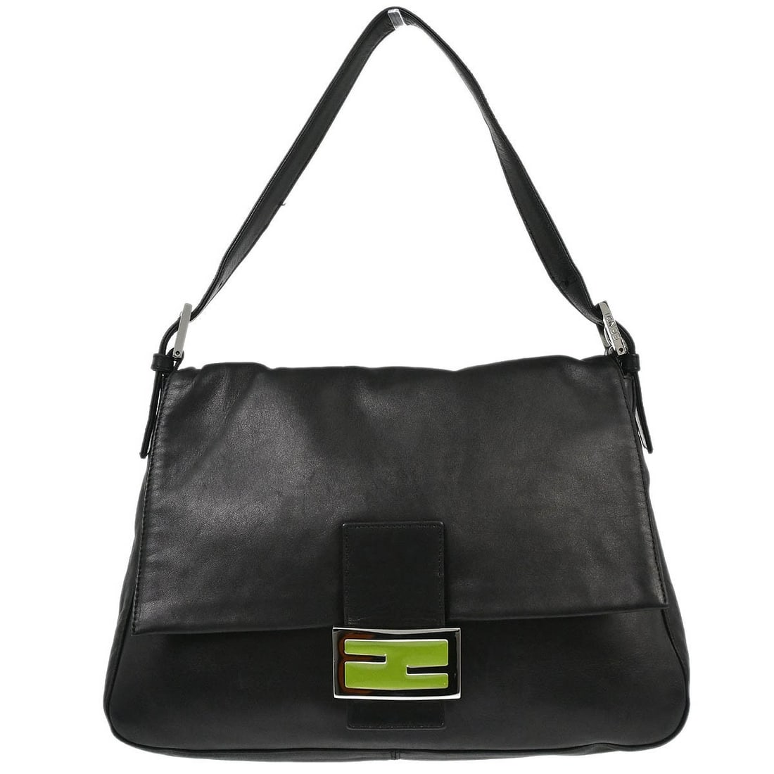 Fendi Mamma Baguette Black Leather Top Handle Medium Handbag: Fendi Mamma Baguette Black Leather Top Handle Medium Handbag This Fendi Mamma Baguette handbag features black leather with silver-tone hardware and a prominent logo accent. Designed with a top handle 