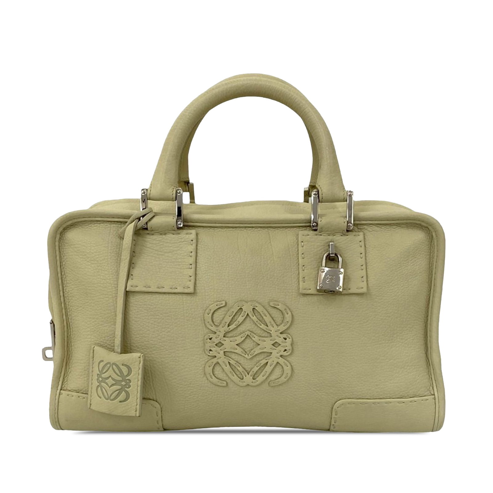 Green Leather Amazona 28 Handbag by Loewe with Rolled Handles: Green Leather Amazona 28 Handbag by Loewe with Rolled Handles The LOEWE Amazona 28 is crafted from green leather and features rolled leather handles, a top zip closure, and both interior zip and slip 