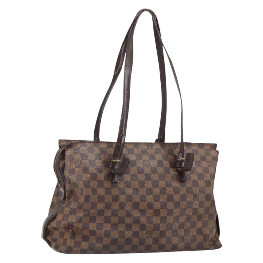 Louis Vuitton Chelsea Tote Damier Ebene Canvas N51119 France: Louis Vuitton Chelsea Tote Damier Ebene Canvas N51119 France This Louis Vuitton Chelsea tote bag features the iconic Damier Ebene canvas exterior with brown leather trim. The bag offers a spacious int