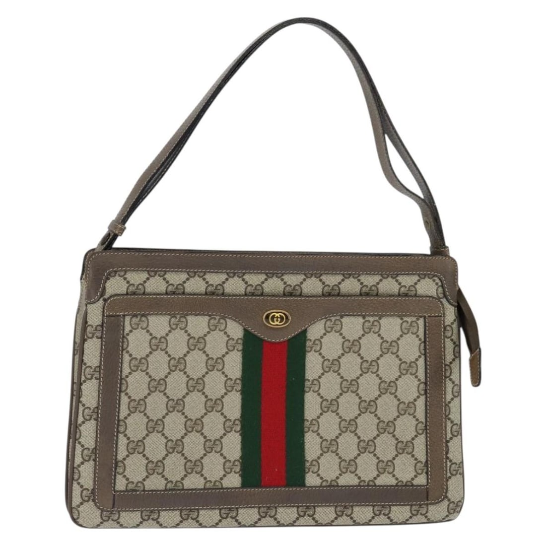 GUCCI GG Supreme Sherry Line Shoulder Bag Beige Gold PVC Auth 41 02 013: GUCCI GG Supreme Sherry Line Shoulder Bag Beige Gold PVC Auth 41 02 013 This GUCCI GG Supreme Web Sherry Line Shoulder Bag is a chic accessory crafted from durable PVC leather in an elegant beige and 
