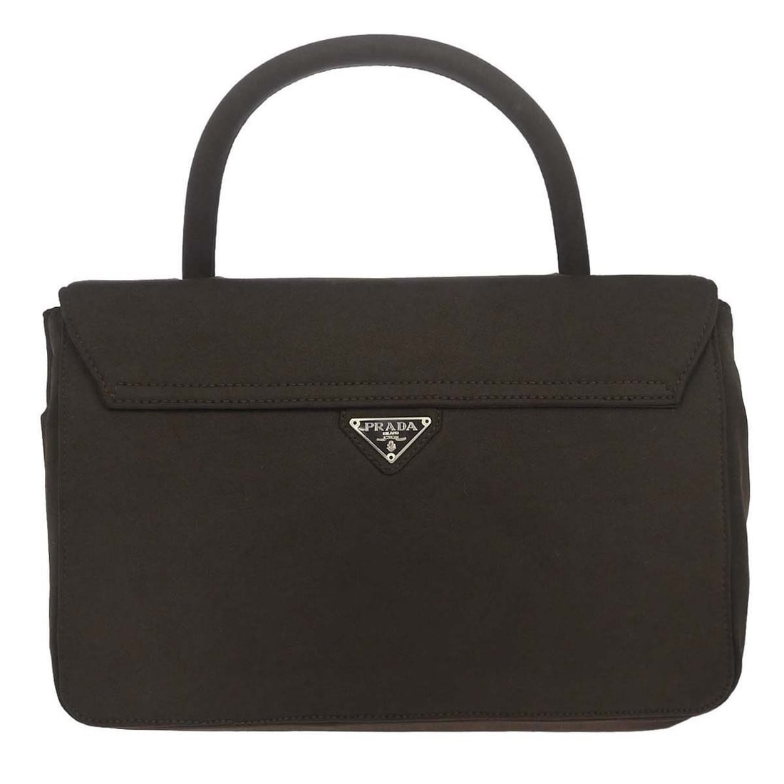 Brown Nylon Medium Top Handle Bag by Prada: Brown Nylon Medium Top Handle Bag by Prada This Prada brown nylon top handle handbag features a medium-sized silhouette, designed for casual occasions. The bag showcases the iconic Prada logo accent, 