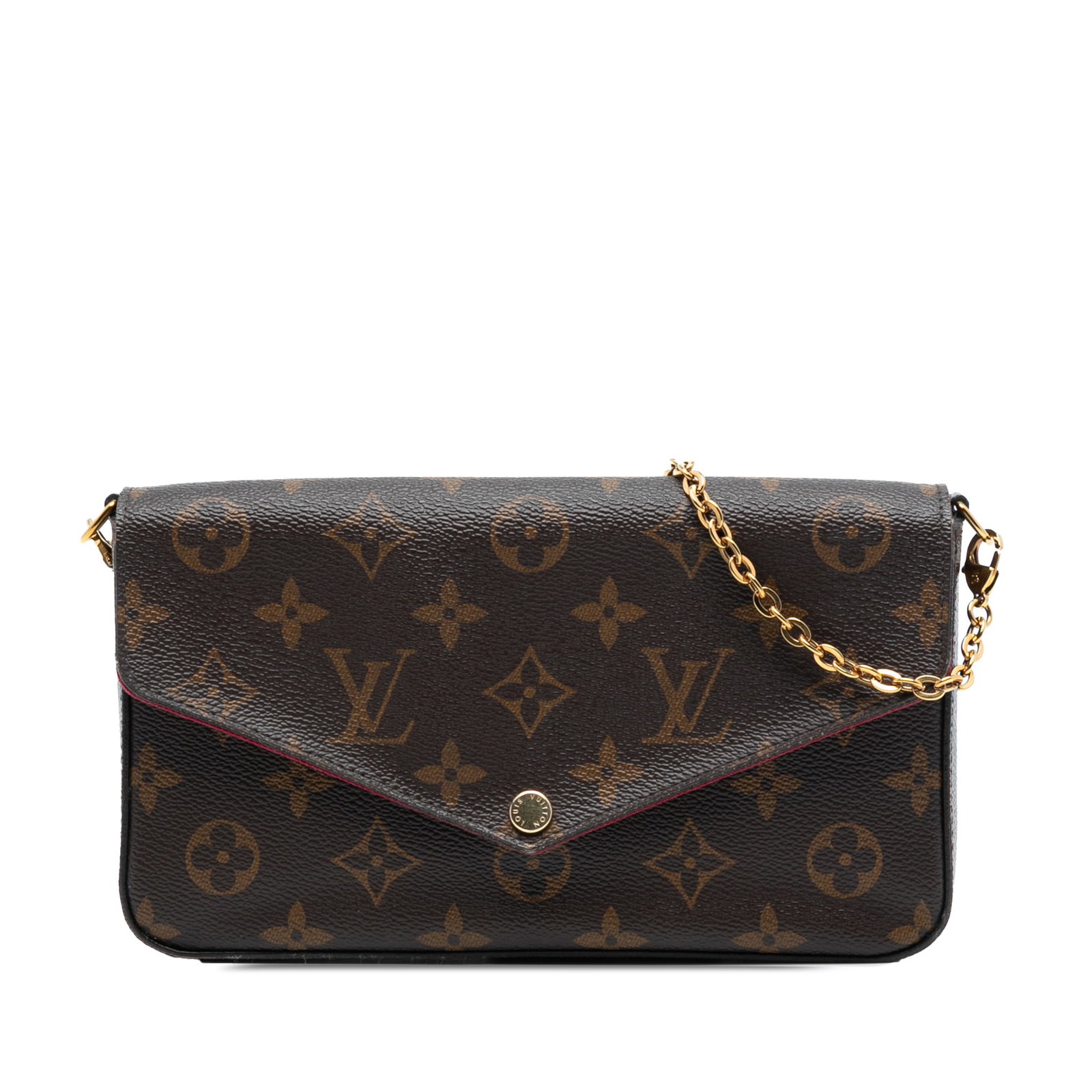 Louis Vuitton Pochette Felicie Brown Monogram Canvas Crossbody Bag with Chain Strap: Louis Vuitton Pochette Felicie Brown Monogram Canvas Crossbody Bag with Chain Strap The Louis Vuitton Monogram Pochette Felicie crossbody bag showcases the iconic monogram canvas and features a detach