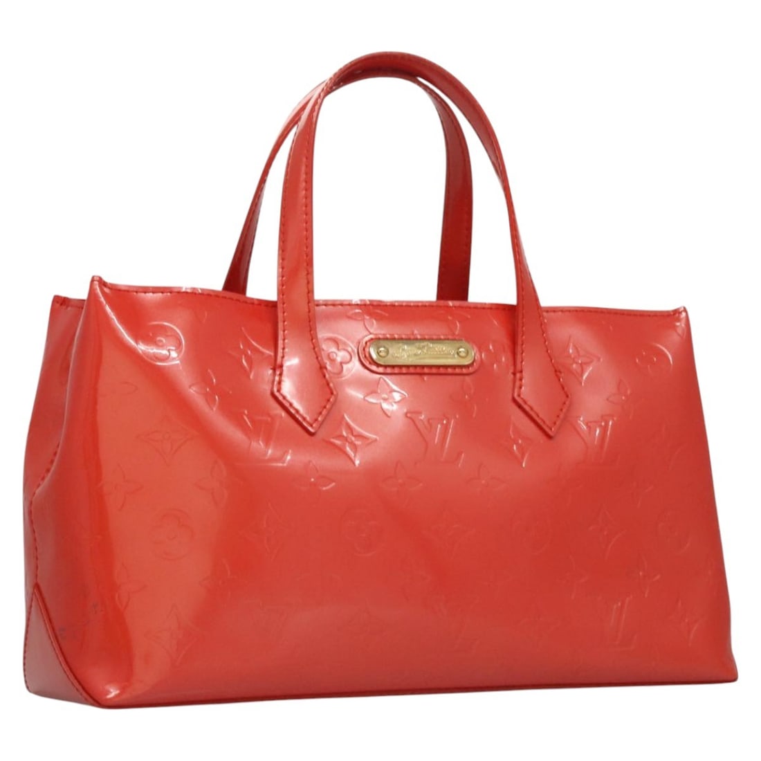 Monogram Vernis Wilshire PM Orange Sunset Patent Leather Tote Bag by Louis Vuitton: Monogram Vernis Wilshire PM Orange Sunset Patent Leather Tote Bag by Louis Vuitton This Louis Vuitton Monogram Vernis Wilshire PM handbag features a striking Orange Sunset patent leather exterior. Des