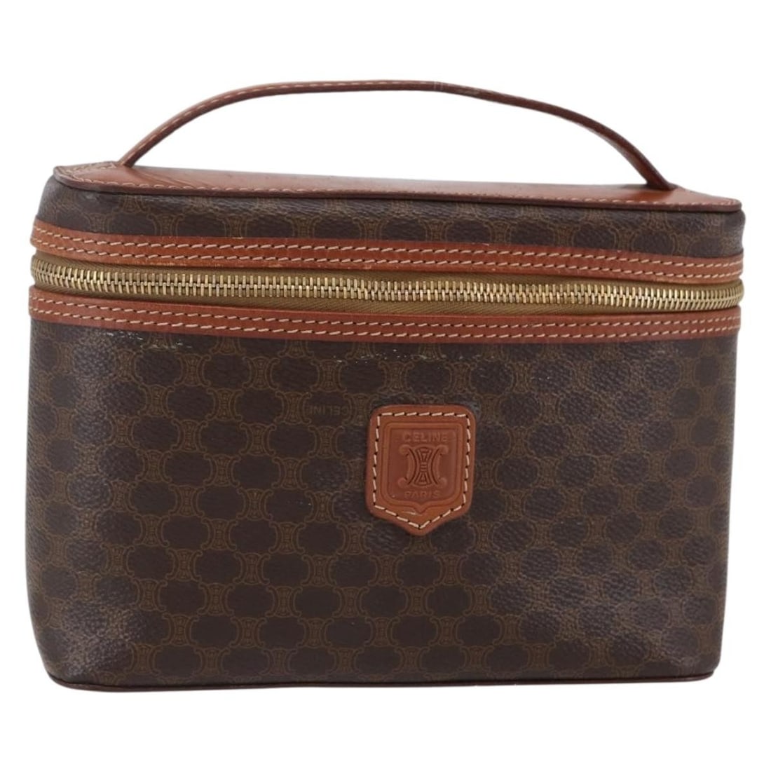 CELINE Macadam Canvas Vanity Pouch Brown Gold PVC Leather Italy Auth: CELINE Macadam Canvas Vanity Pouch Brown Gold PVC Leather Italy Auth This Celine Macadam Canvas Vanity Pouch is a stylish and functional accessory, crafted in Italy from durable PVC leather. The exter