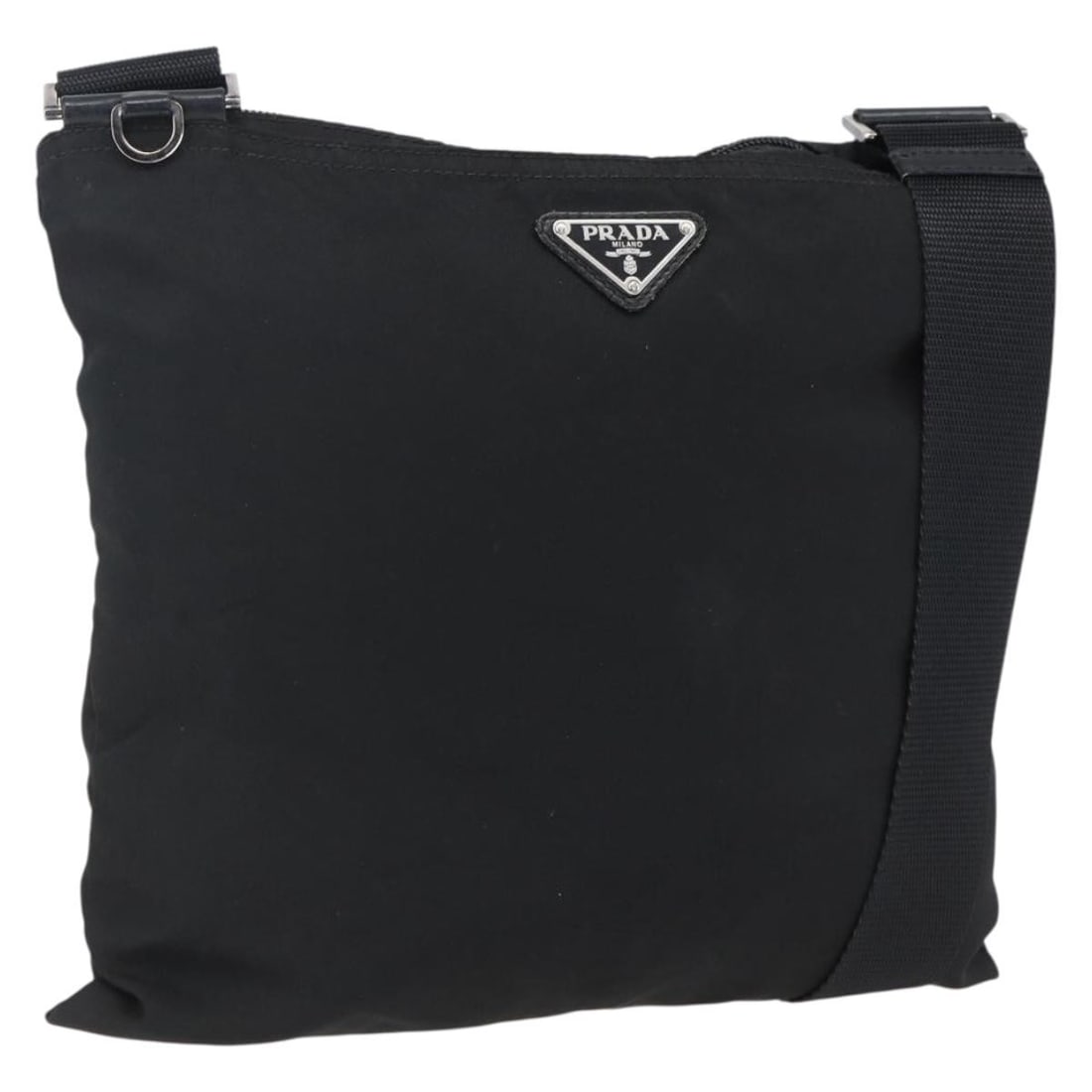 Prada Black Nylon Shoulder Purse with Silver Accents for Women: Prada Black Nylon Shoulder Purse with Silver Accents for Women This PRADA shoulder bag is crafted from black nylon with silver-tone accents, designed for women. Made in Italy, it features an adjustabl
