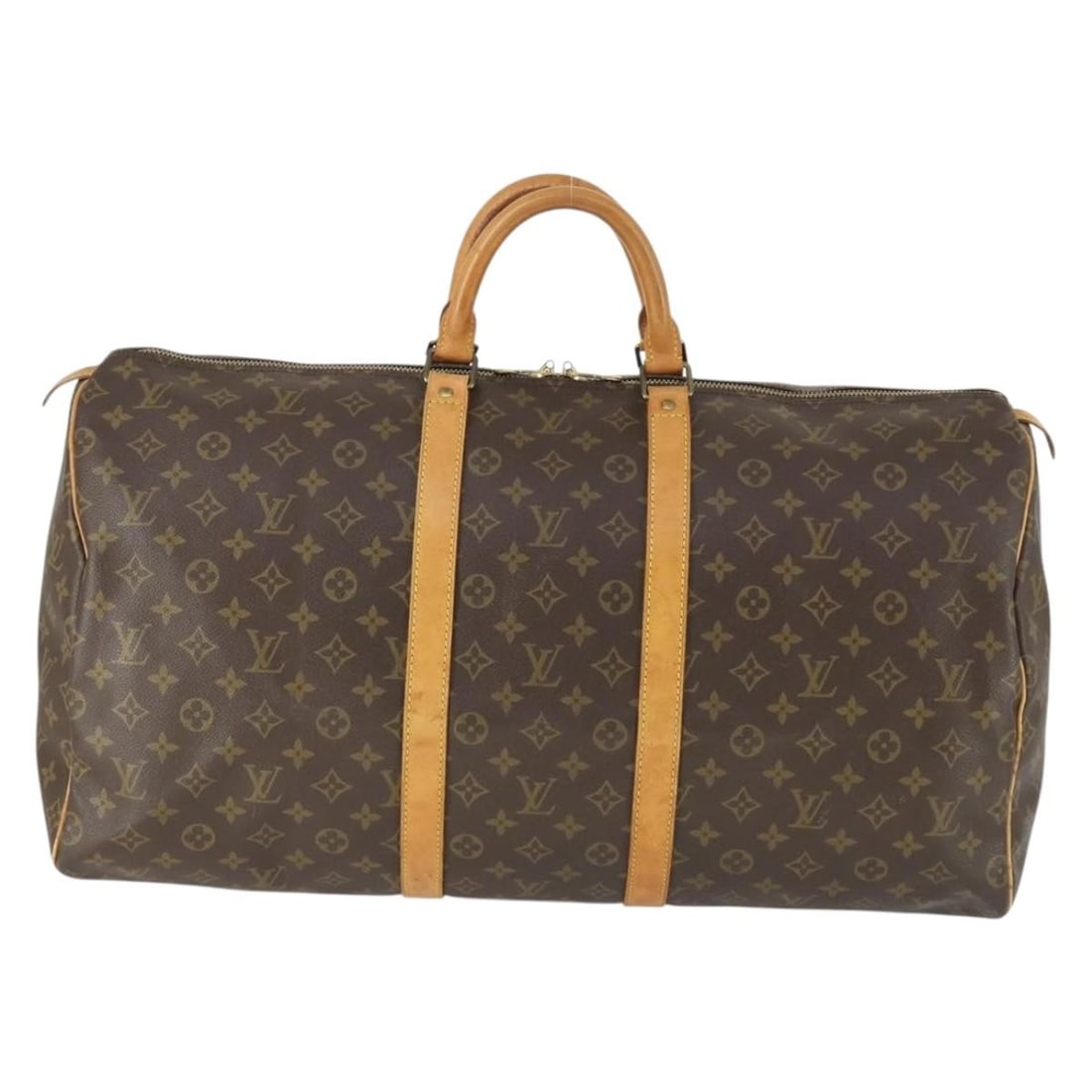 Louis Vuitton Monogram Canvas Keepall Travel Bag 55cm: Louis Vuitton Monogram Canvas Keepall Travel Bag 55cm This Louis Vuitton Keepall Bag features the classic monogram canvas, designed for unisex use. The bag shows signs of wear including surface distor