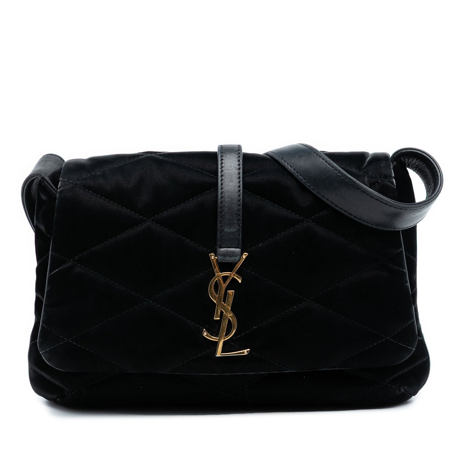 Black Quilted Satin Le 57 Shoulder Bag by Saint Laurent: Black Quilted Satin Le 57 Shoulder Bag by Saint Laurent This Saint Laurent Le 57 shoulder bag showcases a quilted satin exterior in black, complemented by an adjustable flat leather shoulder strap. Th