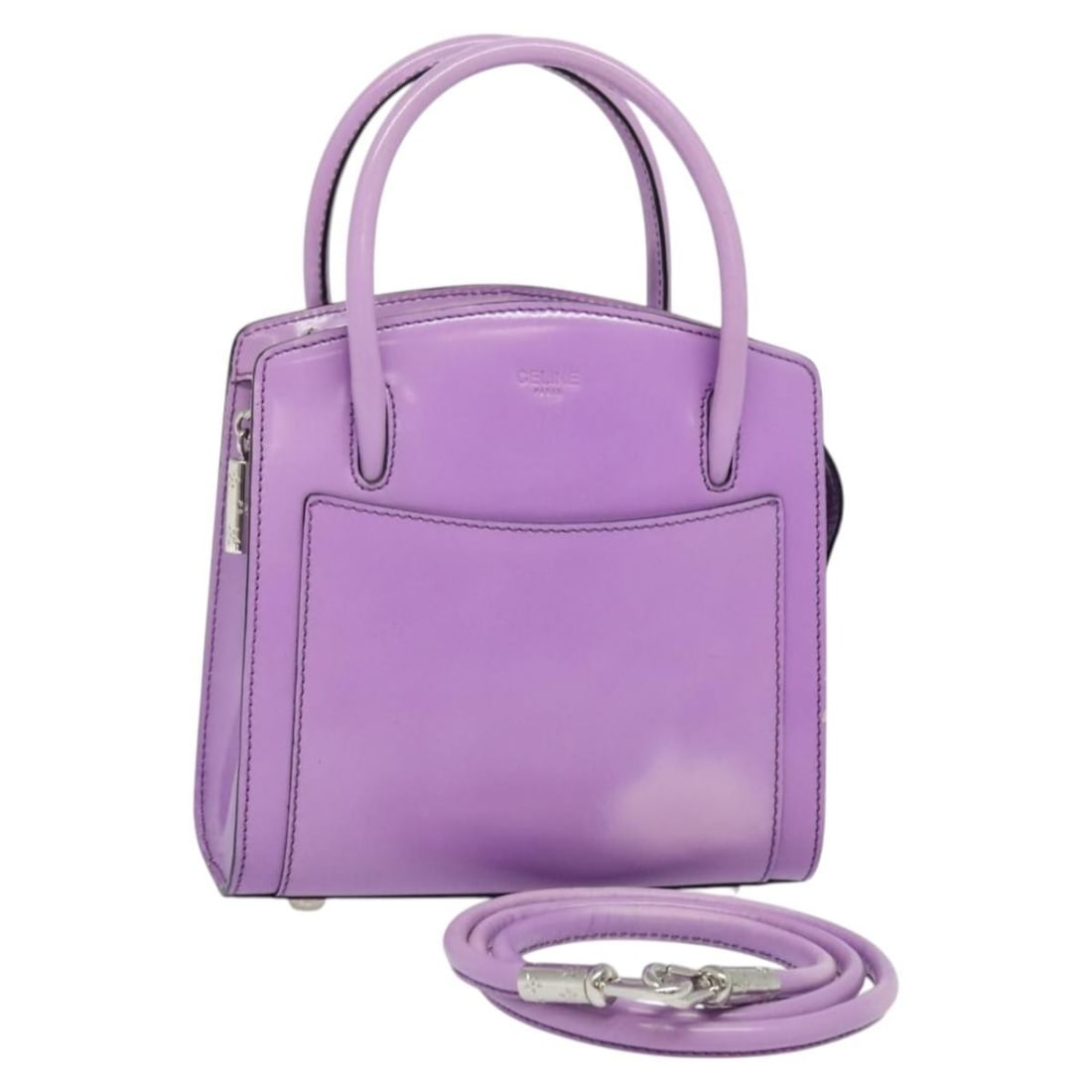 Authentic CELINE Purple Silver Enamel Hand Bag Made in Italy: Authentic CELINE Purple Silver Enamel Hand Bag Made in Italy This authentic CELINE Hand Bag is crafted from high-quality enamel, showcasing a stunning purple and silver color combination. With a compa