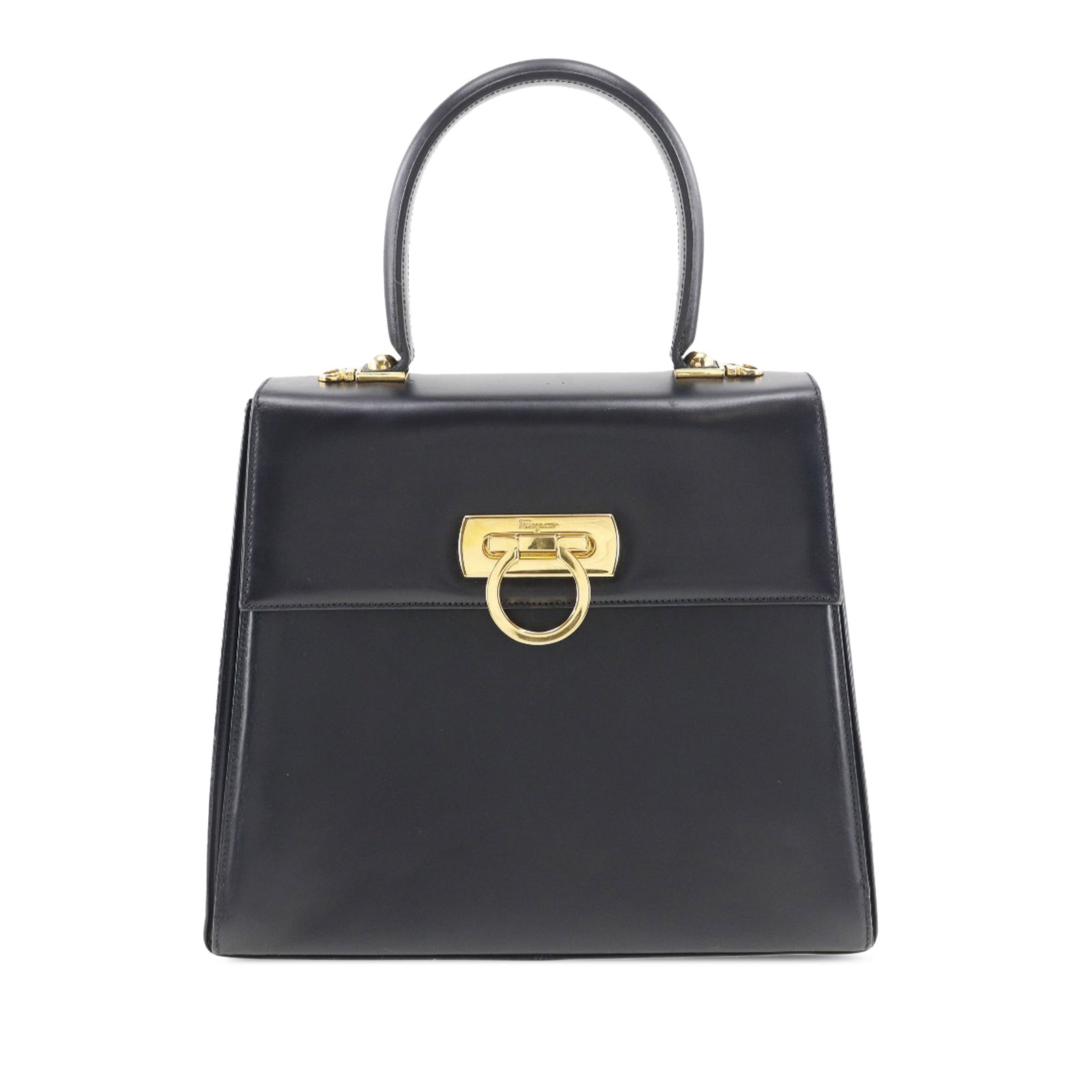 Blue Leather Gancini Top Handle Purse by Ferragamo: Blue Leather Gancini Top Handle Purse by Ferragamo This Ferragamo Small Leather Gancini Iconic Top Handle Bag is crafted from blue leather and features a flat top handle, a front flap with a flip lock