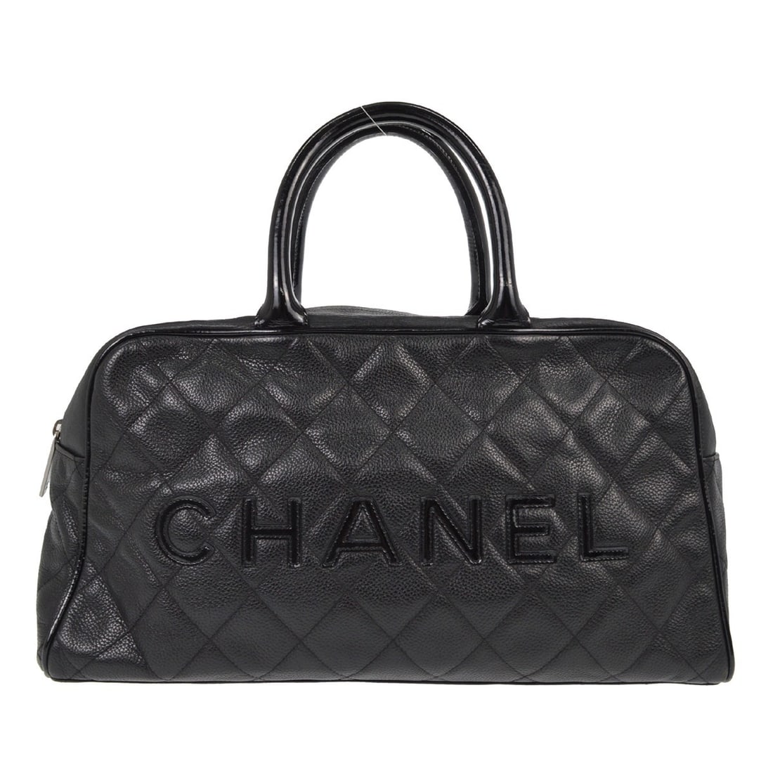 Large Black Caviar Leather Top Handle Bowling Bag by Chanel: Large Black Caviar Leather Top Handle Bowling Bag by Chanel This Chanel Black Calfskin Patent Leather Bowling Bag features a large top handle design with double handles and a zipper closure. Crafted f