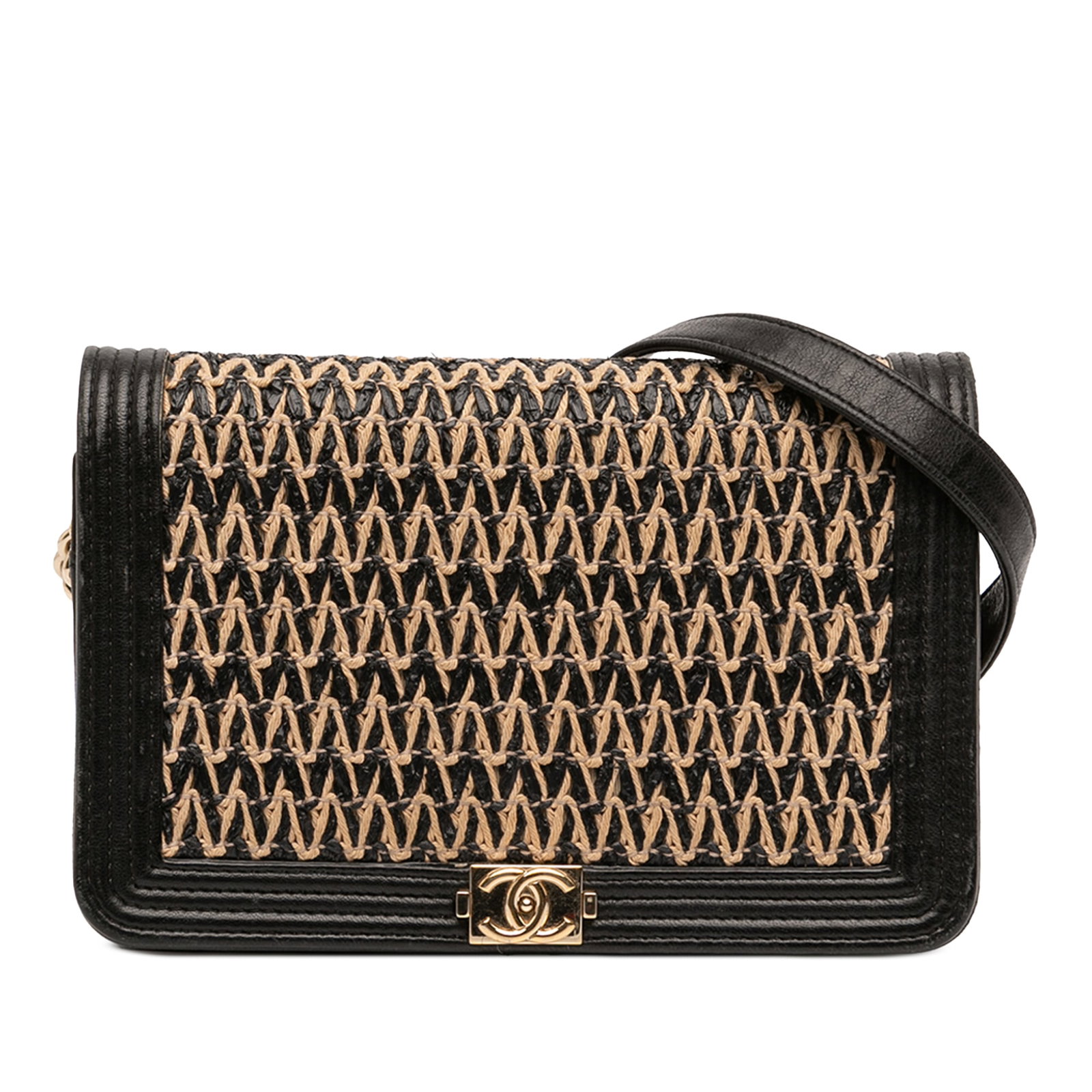 Chanel Boy Wallet on Chain Quilted Lambskin and Raffia Black Bag: Chanel Boy Wallet on Chain Quilted Lambskin and Raffia Black Bag This Boy Wallet on Chain features a quilted lambskin leather and woven raffia exterior in black, complemented by a leather-woven chain 