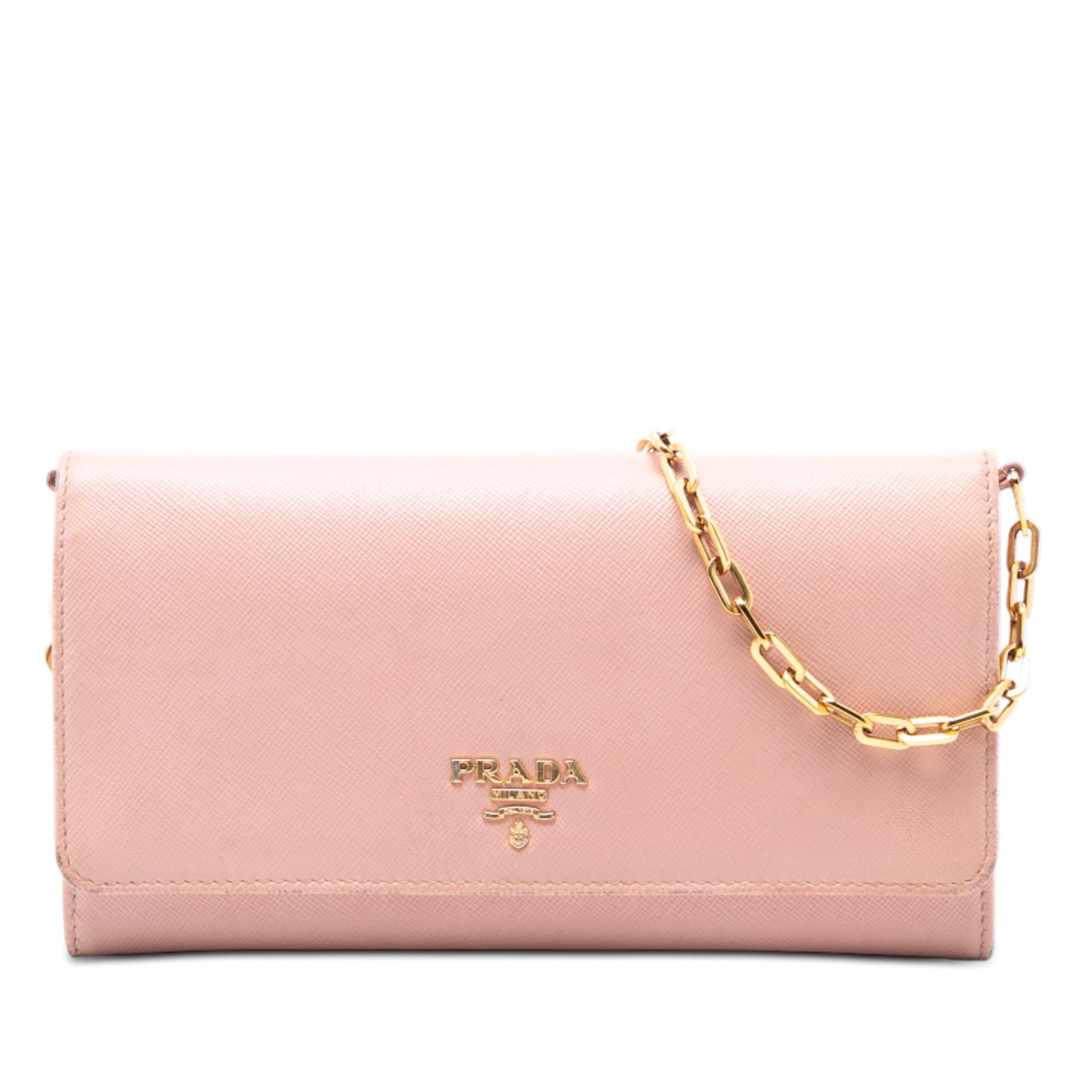 Prada Pink Saffiano Leather Chain Strap Wallet with Flap Closure: Prada Pink Saffiano Leather Chain Strap Wallet with Flap Closure This Prada Saffiano Wallet On Chain is crafted from pink saffiano leather and features a chain-link strap, a front flap with snap butto