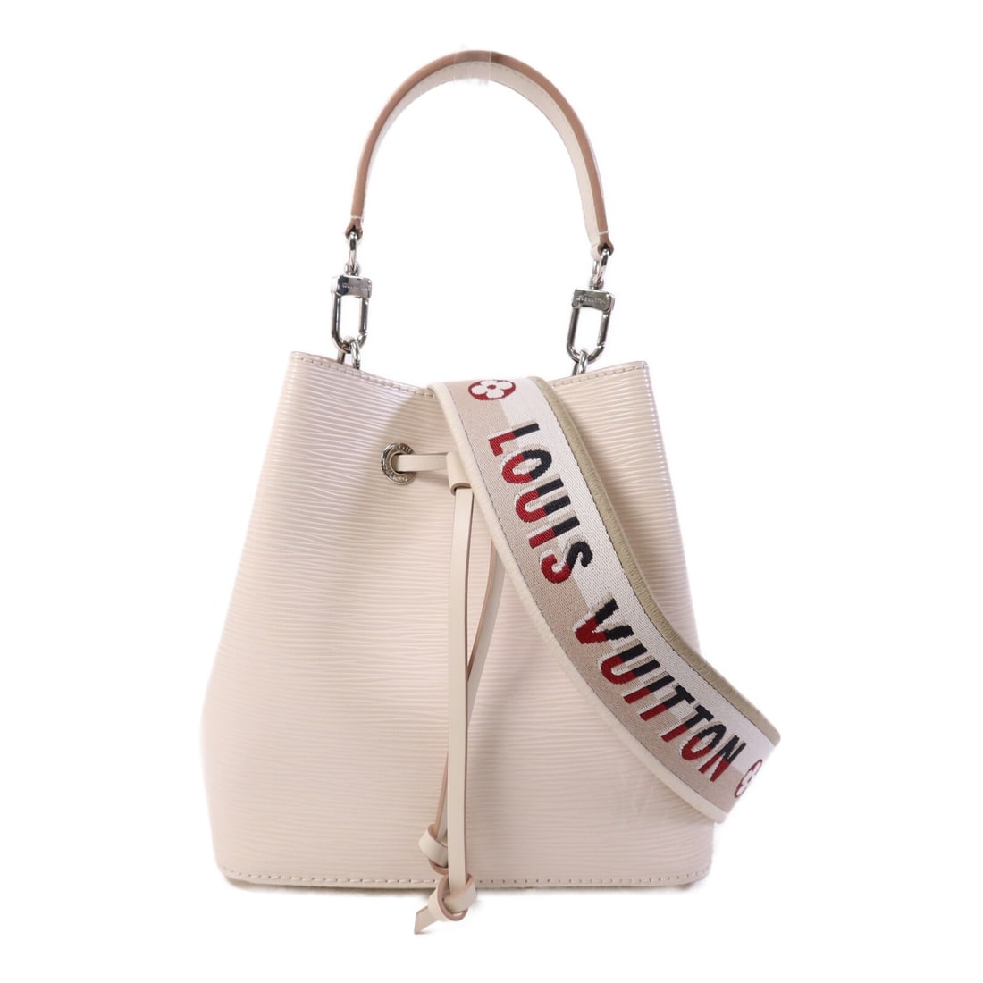 Louis Vuitton Neo Noe White Epi Leather Shoulder Bag with Silver Hardware: Louis Vuitton Neo Noe White Epi Leather Shoulder Bag with Silver Hardware This Louis Vuitton Neo Noe 2-way shoulder bag features premium white Epi leather crafted from calfskin. Designed for women, it