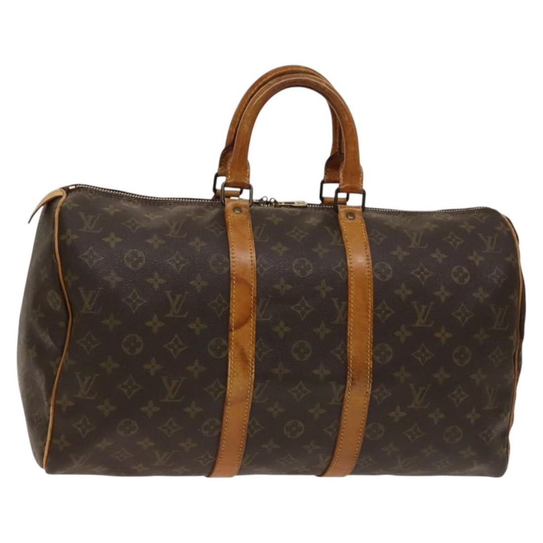 Louis Vuitton Monogram Canvas Keepall Travel Bag Brown Unisex 45cm: Louis Vuitton Monogram Canvas Keepall Travel Bag Brown Unisex 45cm This Louis Vuitton Keepall bag features the iconic Monogram canvas in brown, crafted for unisex use. The bag shows signs of use, incl