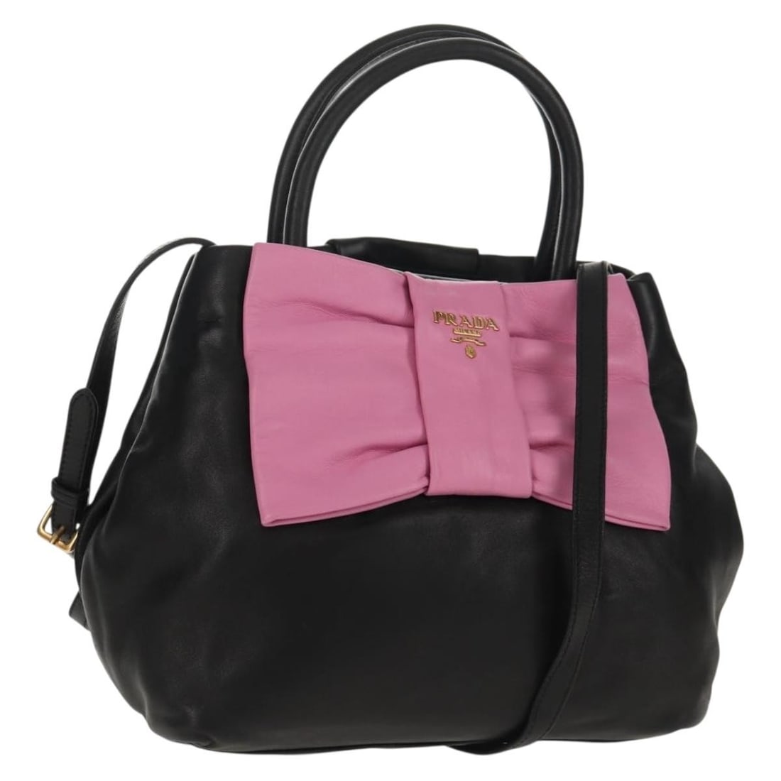 PRADA Black Gold Leather Ribbon 2way Hand Bag Authentic 155326V: PRADA Black Gold Leather Ribbon 2way Hand Bag Authentic 155326V Elevate your style with this exquisite PRADA Ribbon Hand Bag, crafted in luxurious black leather with elegant gold accents. This versati