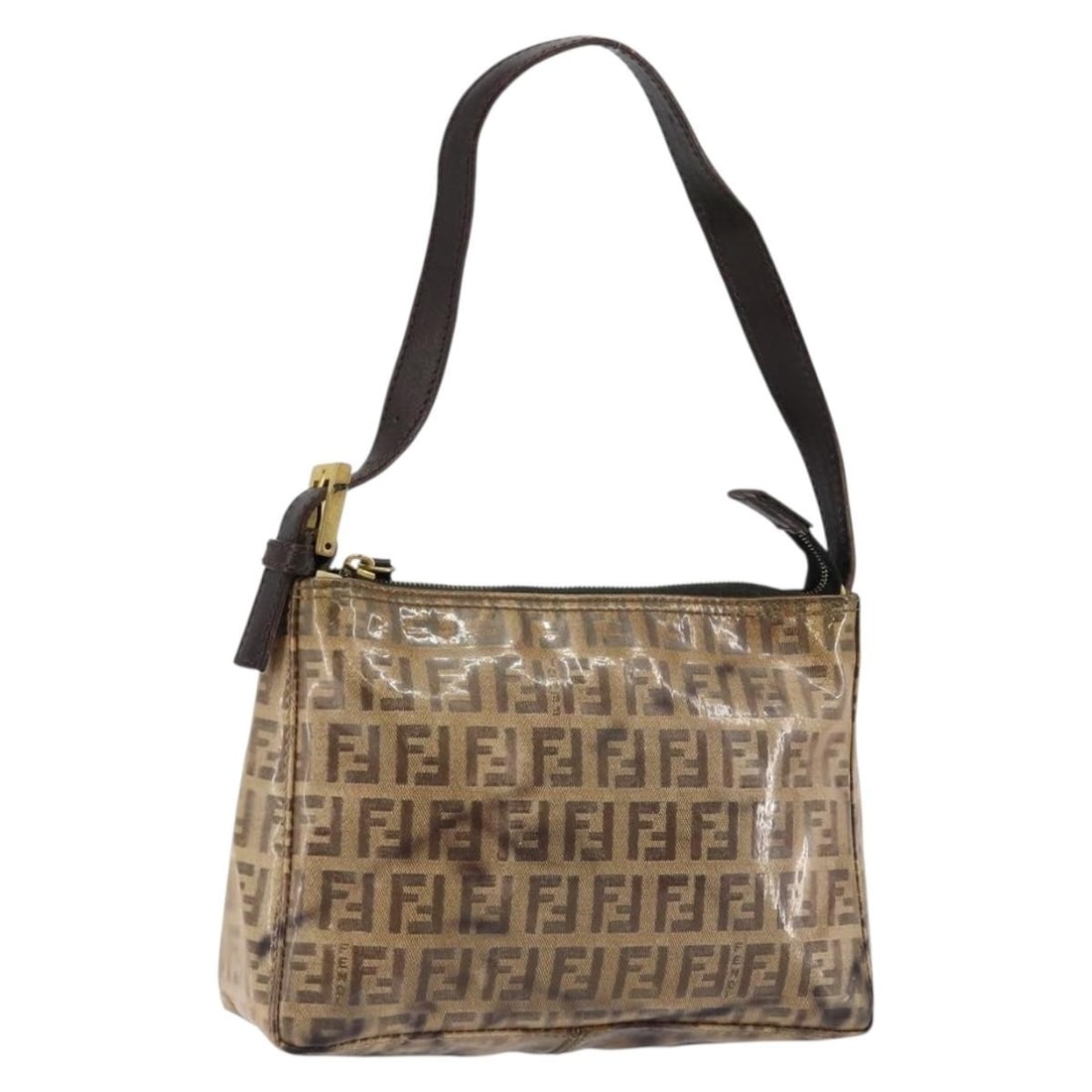 FENDI Zucchino Enamel Canvas Hand Bag Brown Gold Authentic (1 of 18)