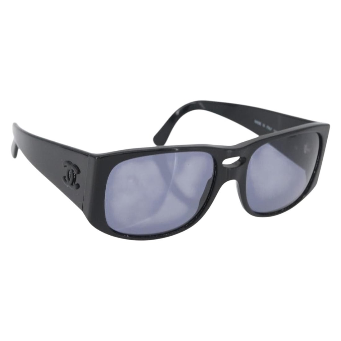 Black Plastic Chanel Coco Mark Sunglasses with CC Logo and Case: Black Plastic Chanel Coco Mark Sunglasses with CC Logo and Case These CHANEL COCO Mark sunglasses feature a classic black plastic frame and iconic CC branding. Made in Italy, these sunglasses come wit