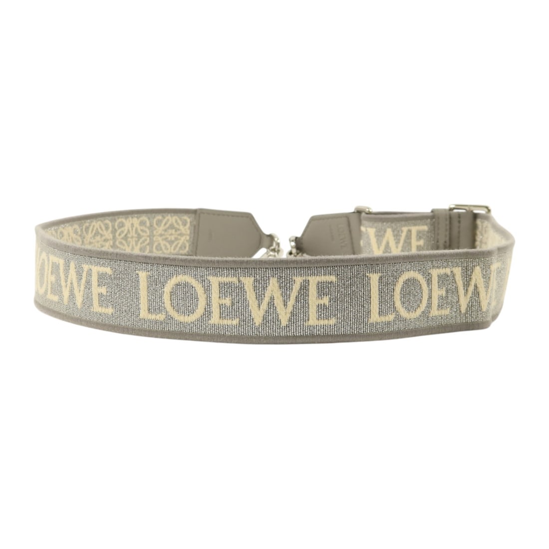 Loewe Anagram Canvas and Leather Shoulder Strap in Silver and White: Loewe Anagram Canvas and Leather Shoulder Strap in Silver and White This LOEWE Anagram shoulder strap is crafted from canvas and calfskin leather in a silver and white color combination. Designed for 