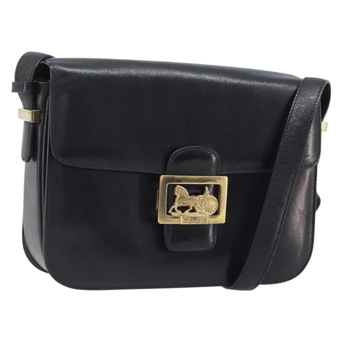 Celine Black Leather Shoulder Bag Gold Accent Italy: Celine Black Leather Shoulder Bag Gold Accent Italy This CELINE shoulder bag features a classic black leather exterior with gold-tone accents. Designed for women, it offers a structured silhouette wit