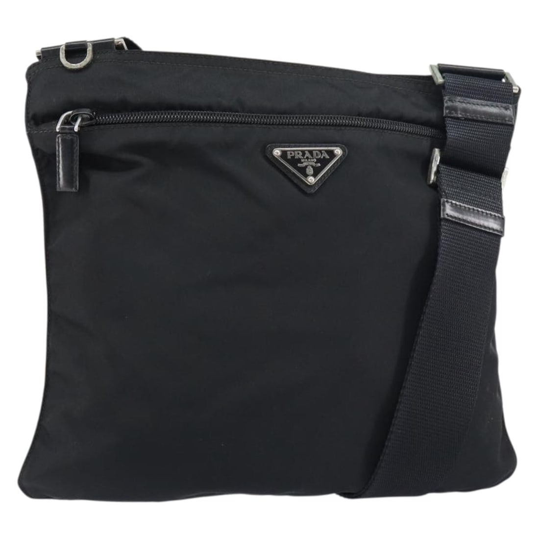 PRADA Black Nylon Shoulder Bag Silver Hardware Auth 155398: PRADA Black Nylon Shoulder Bag Silver Hardware Auth 155398 This PRADA Shoulder Bag is crafted from durable nylon in a classic black and silver color scheme. With dimensions of approximately 12.2 inche