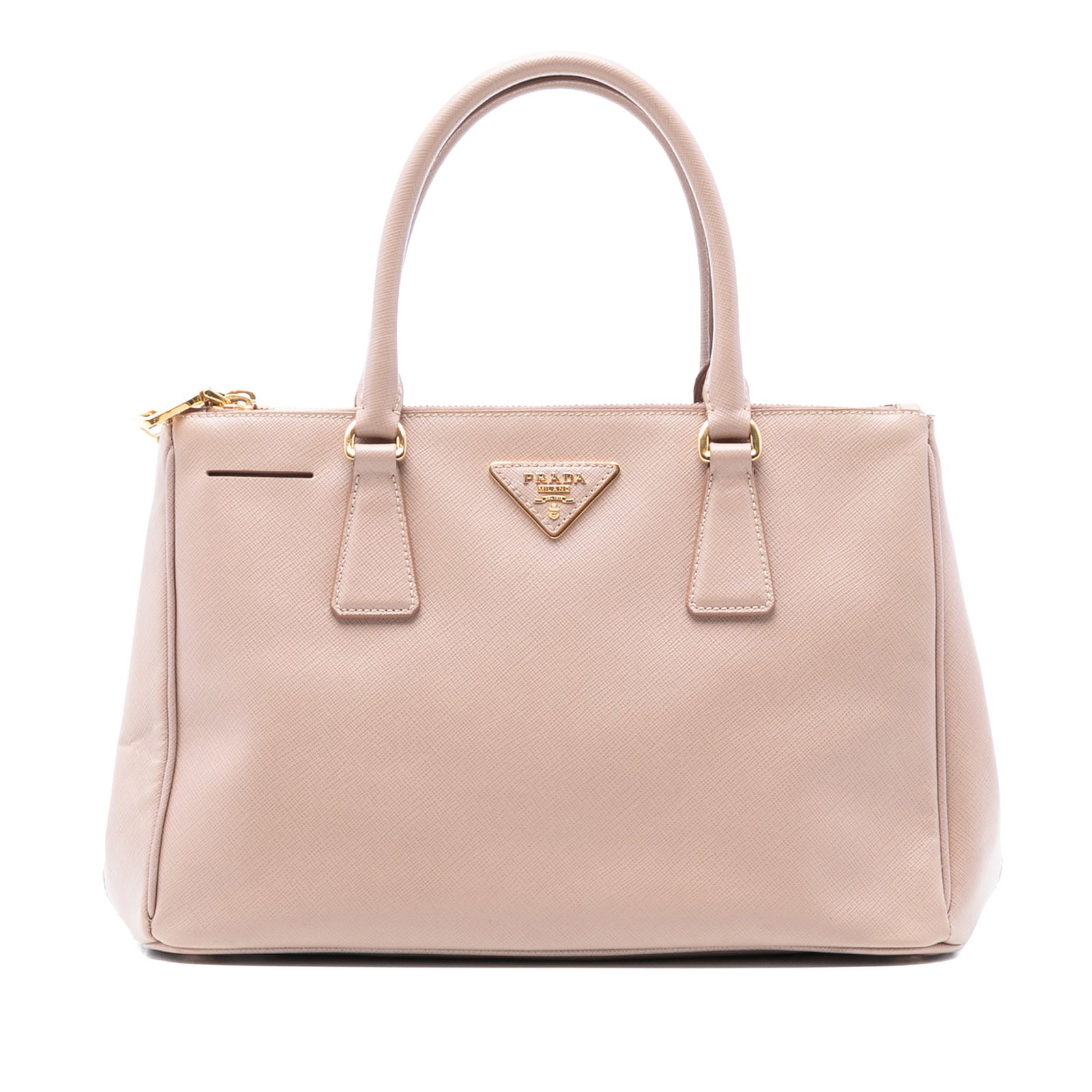 Prada Galleria Saffiano Leather Pink Double Zip Small Satchel Bag: Prada Galleria Saffiano Leather Pink Double Zip Small Satchel Bag This Prada Small Saffiano Lux Galleria Double Zip Satchel showcases a pink saffiano leather body with rolled leather handles. The open