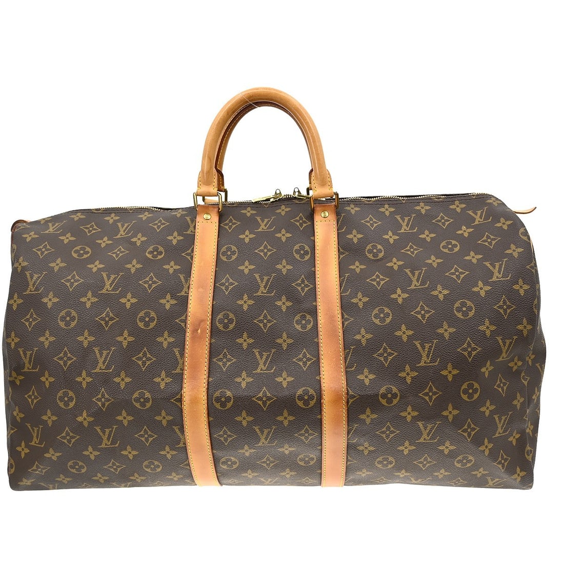Louis Vuitton Keepall Monogram Canvas Travel Duffel 55cm: Louis Vuitton Keepall Monogram Canvas Travel Duffel 55cm This Louis Vuitton Keepall Bag features the iconic monogram canvas in brown and is designed for unisex use. Made in France, the bag shows signs