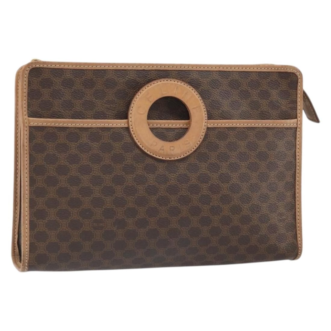 Celine Macadam Brown PVC Leather Clutch Bag Gold Details: Celine Macadam Brown PVC Leather Clutch Bag Gold Details This CELINE Macadam clutch bag features a classic brown and gold color scheme crafted from PVC leather and Macadam canvas. The bag is made in I