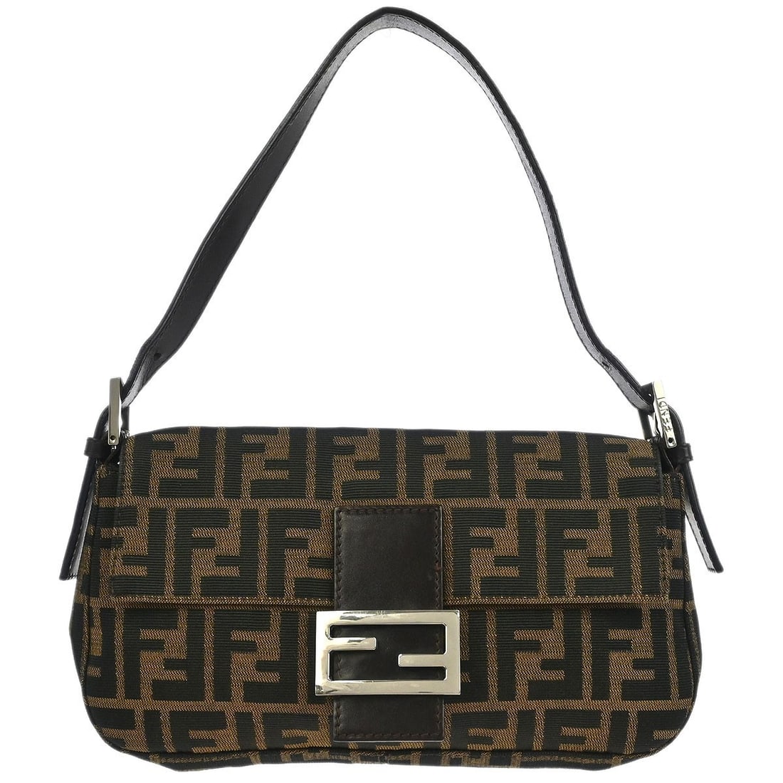 Fendi Brown Canvas Zucca Baguette Handbag with Silver Hardware: Fendi Brown Canvas Zucca Baguette Handbag with Silver Hardware This Fendi Brown Canvas Zucca Baguette Handbag is a stylish and practical accessory perfect for casual occasions. The medium-sized handba